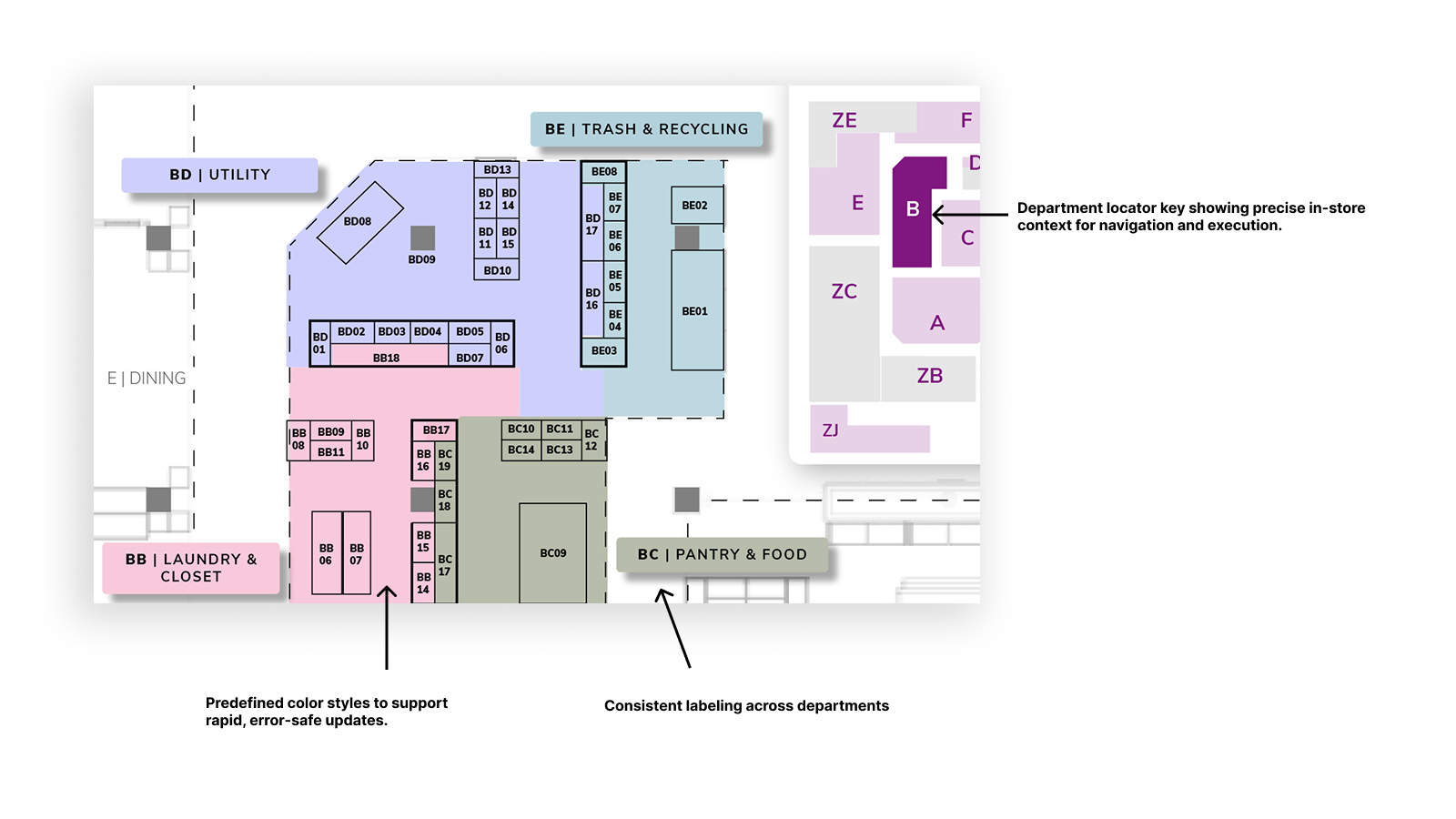 A detailed shopping mall map showing various departments such as Laundry & Closet, Pantry & Food, Utility, and Trash & Recycling, with a department locator key for navigation.