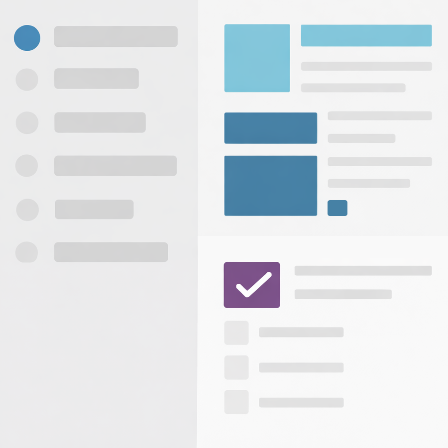 Digital interface with a sidebar menu on the left, a report or article with graphs and text, and a checkbox section, all in shades of blue, purple, gray, and white.