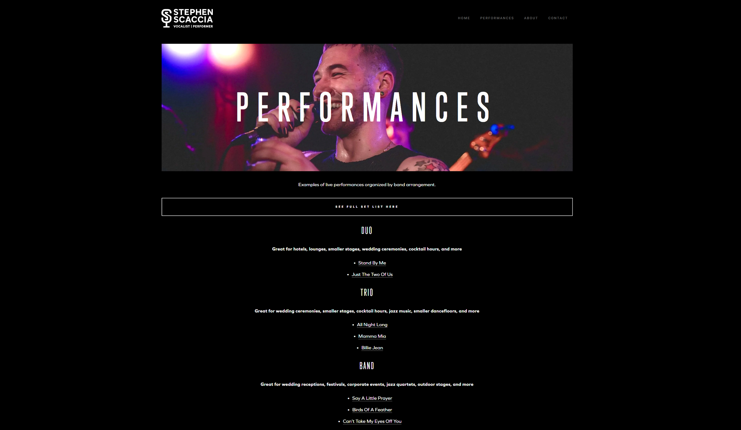 Website homepage for musician Stephen Scaccia, featuring a large image of a male singer performing with the word 'PERFORMANCES' overlaid, and sections listing performance options for duos, trios, and bands.