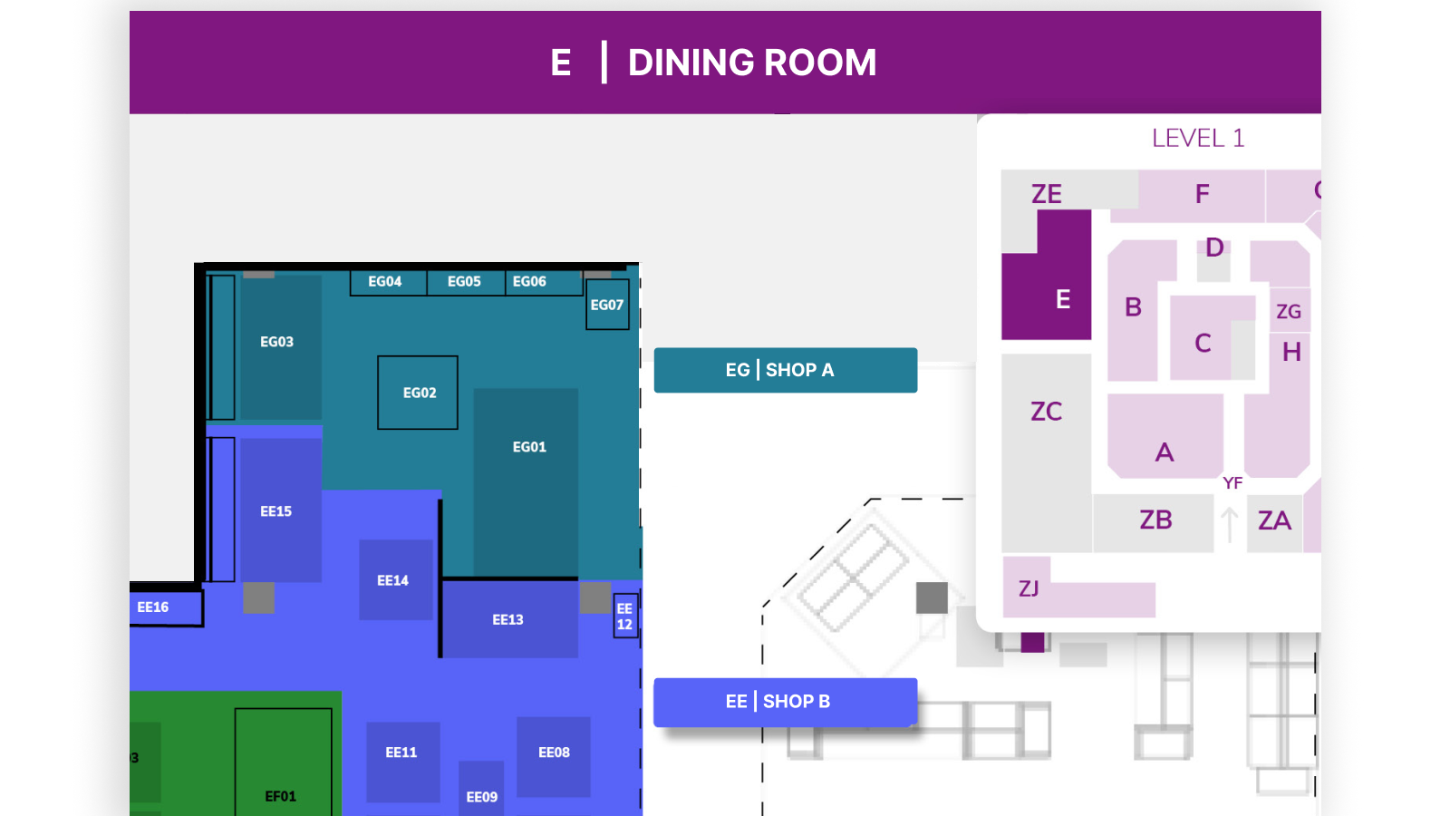 Floor plan of a dining room with numbered and lettered sections, including shop areas labeled EG SHOP A and EE SHOP B, and a maze-like arrangement of tables and rooms outlined in purple on a separate diagram.