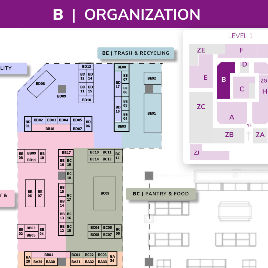 A detailed map of a facility's organization levels with labeled sections including trash and recycling, pantry and food, and various numbered and lettered zones and booths.