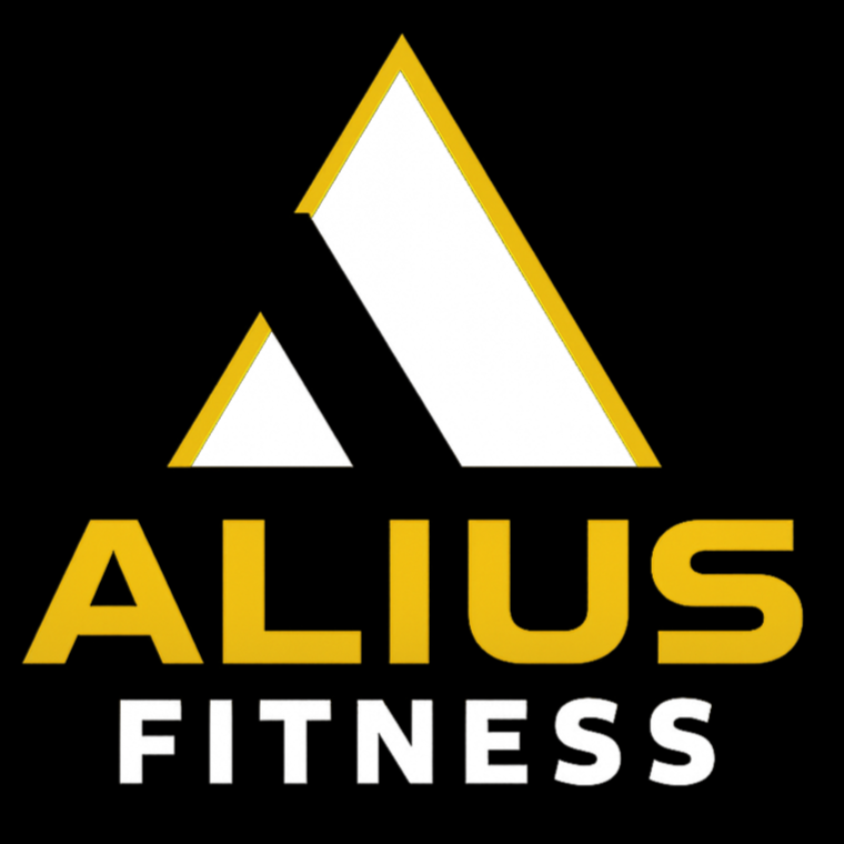 Logo for Alus Fitness featuring a stylized mountain peak design in black, white, and yellow with the words 'ALUS FITNESS' underneath in bold yellow and white letters.