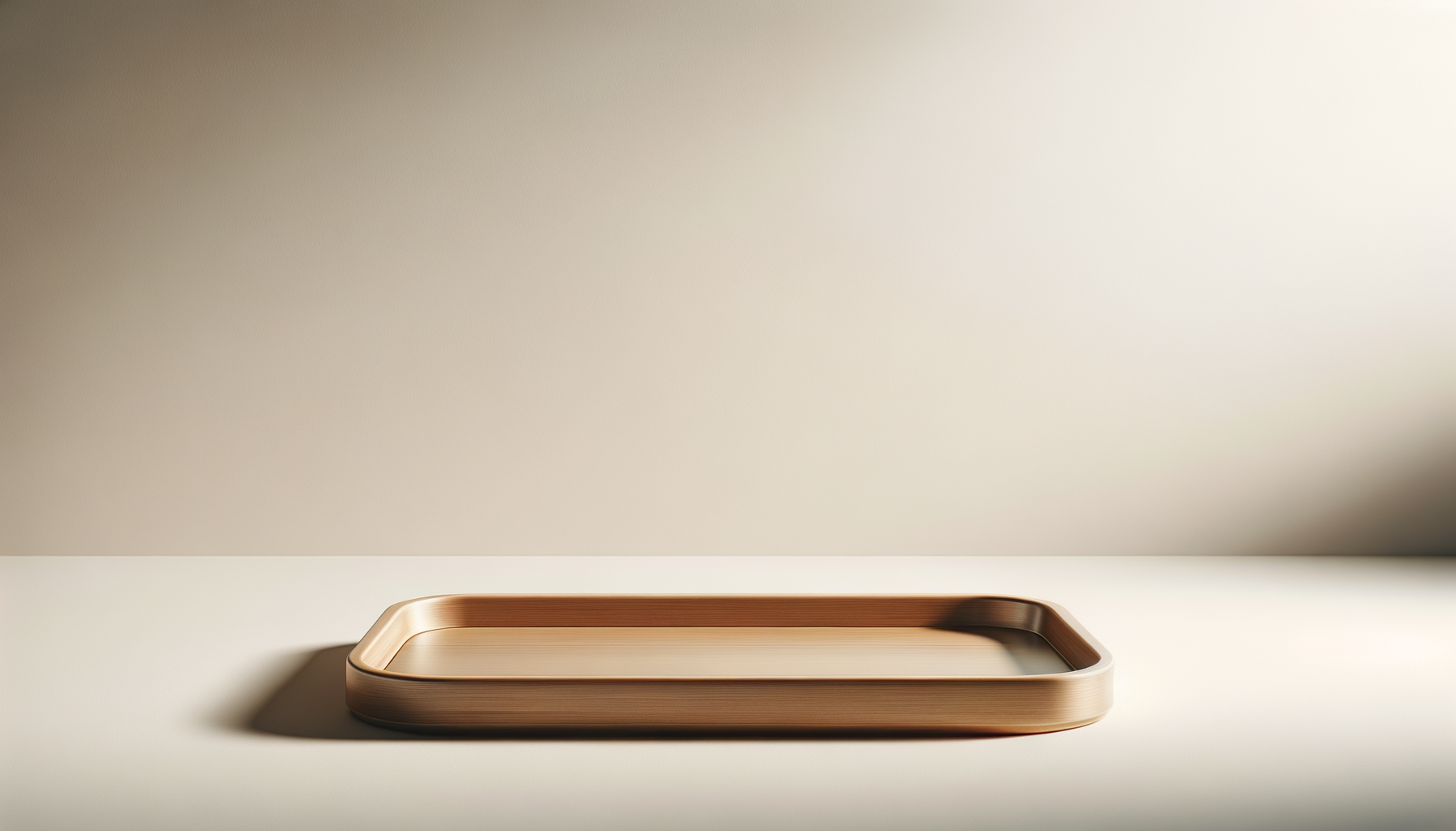 A wooden tray with raised edges on a neutral surface, casting a shadow.