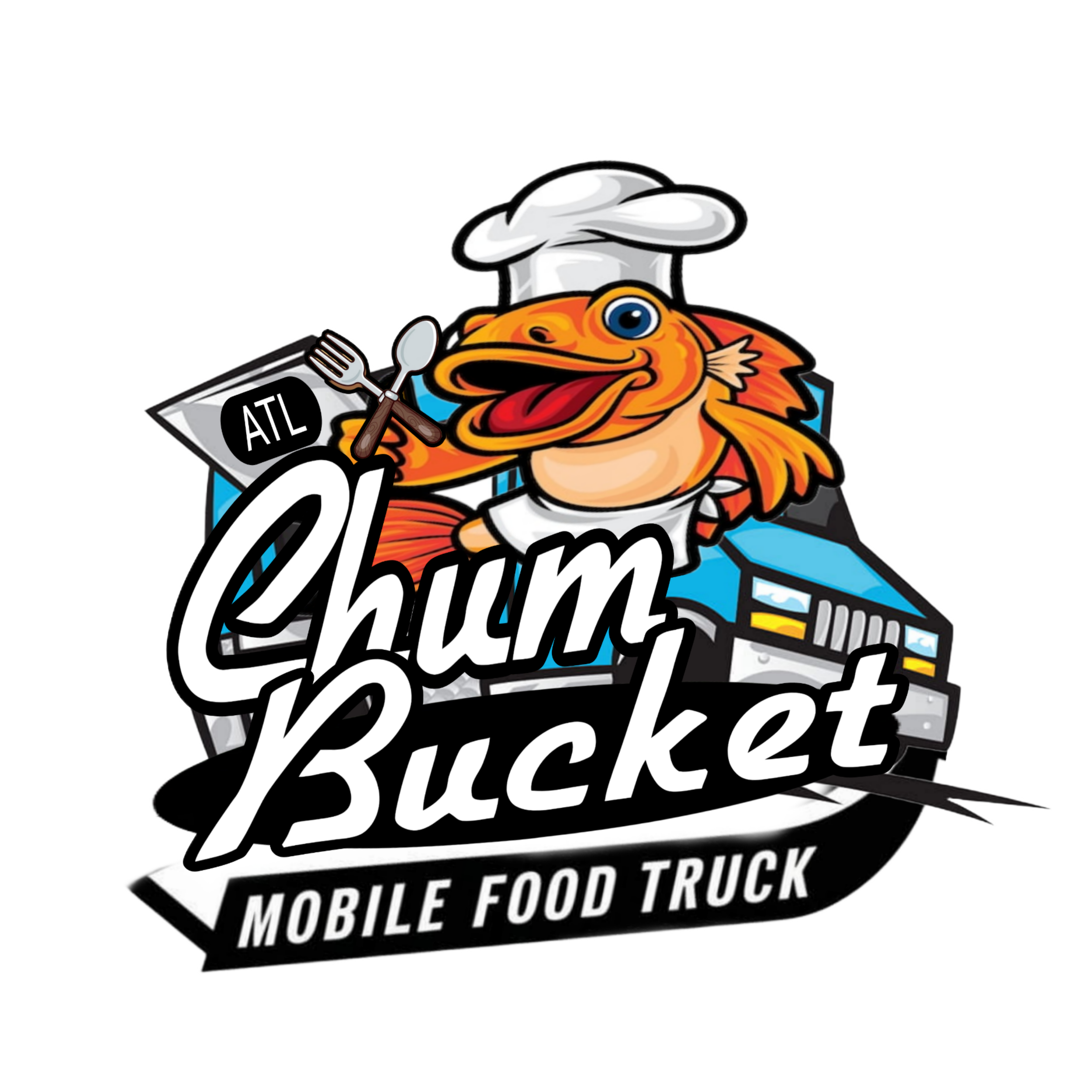 Logo for Chum Bucket, a mobile food truck, featuring a cartoon fish dressed as a chef with a hat, holding a fork and spoon, with a food truck in the background and the text 'Chum Bucket' and 'Mobile Food Truck'.