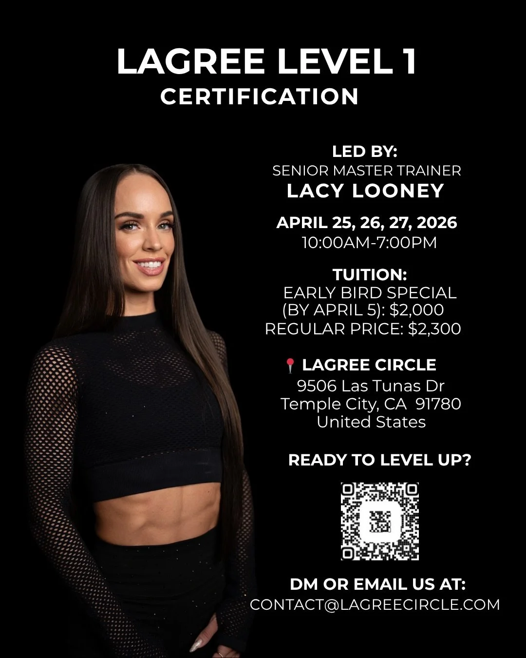 ✨If you&rsquo;ve been waiting for a sign to get Lagree certified&mdash; this is it ✨ 

We&rsquo;re hosting Lagree Level 1 Certification at Lagree Circle on April 25&ndash;27 with Senior Master Trainer Lacy Looney. 24 hours of hands-on education, offi