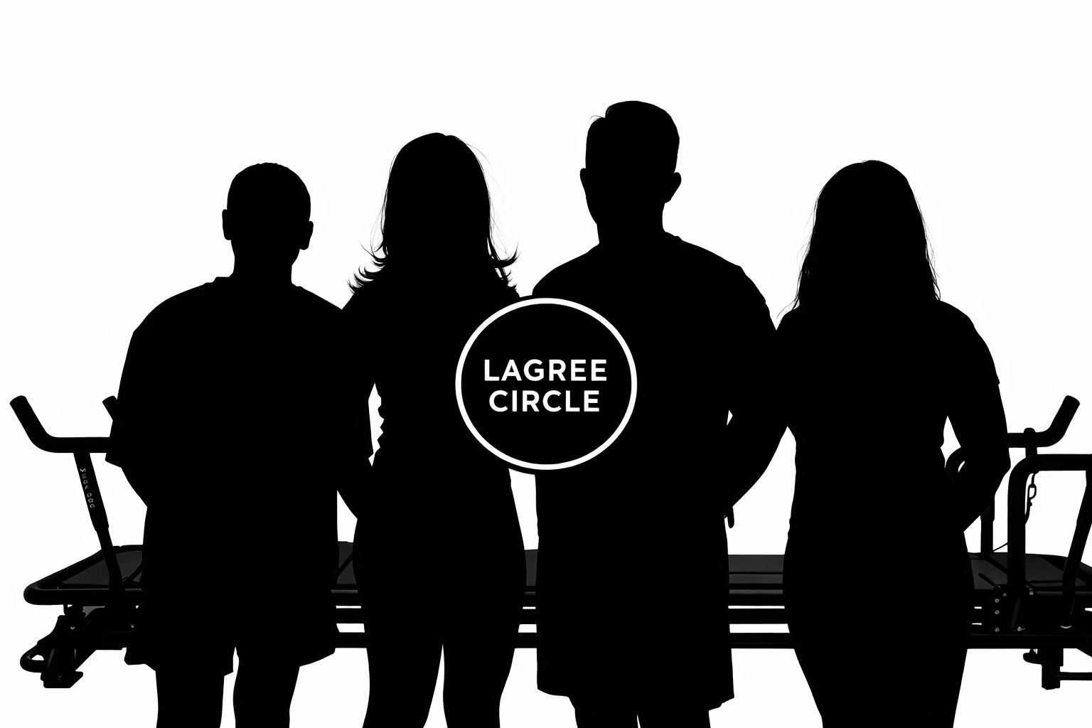 Silhouette of four people standing in front of two walkers with the words 'LAGREE CIRCLE' in a circle in the center.