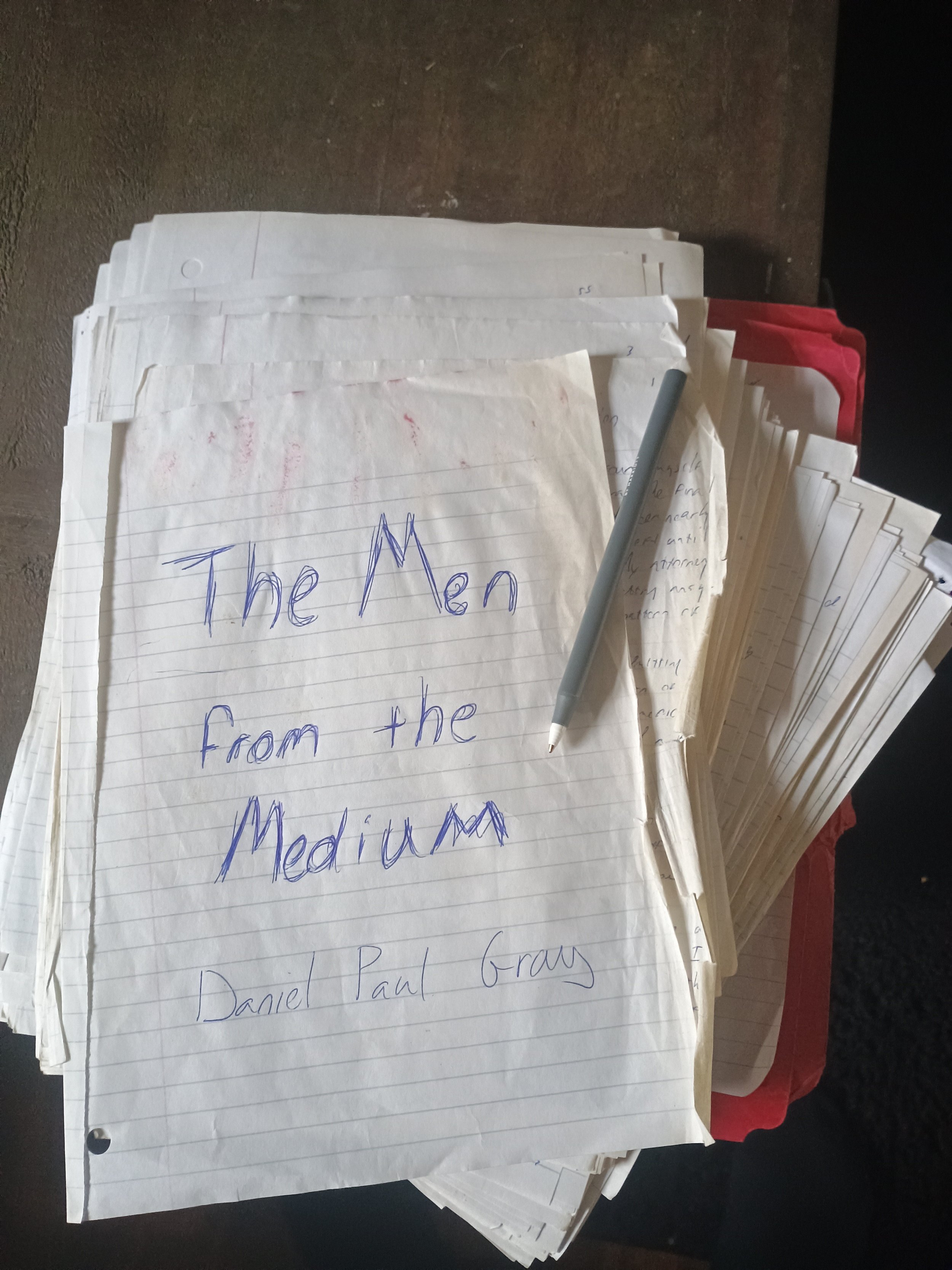 A picture of the original handwritten copy of The Men from the Medium.  Written in prison.