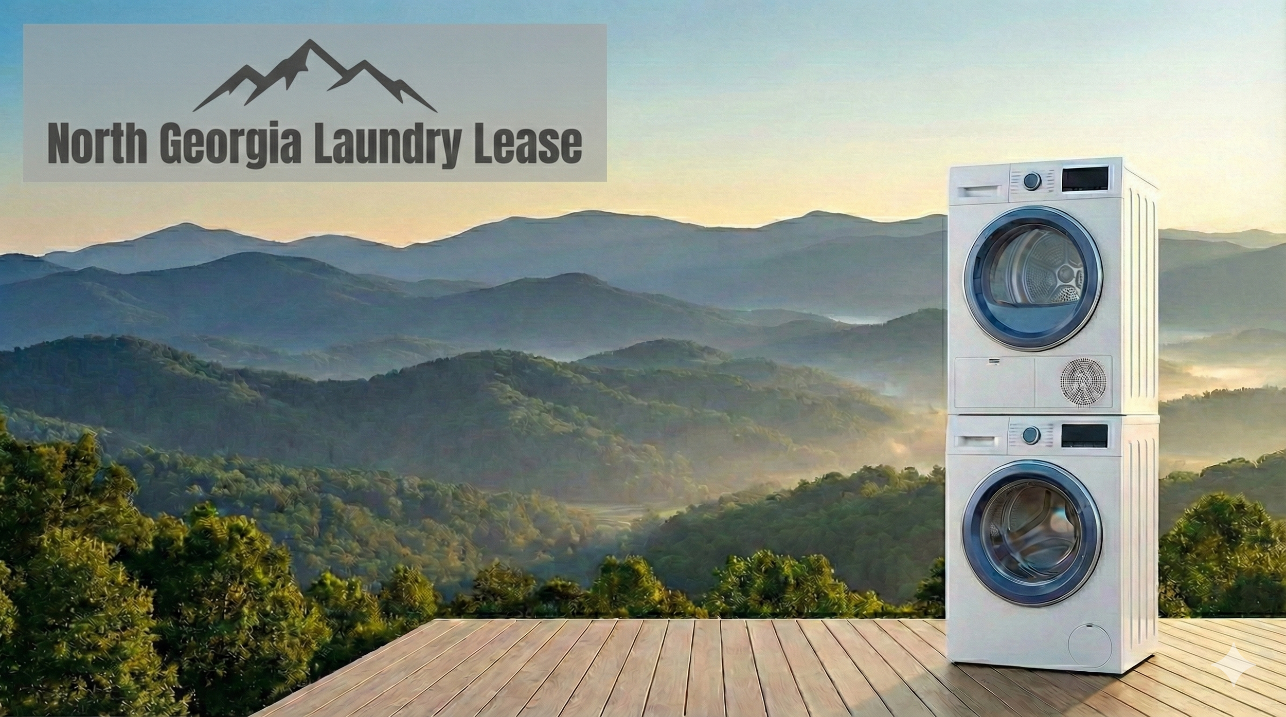 Stacked washing machines on a wooden platform with a scenic mountain landscape in the background and a North Georgia Laundry Lease logo.