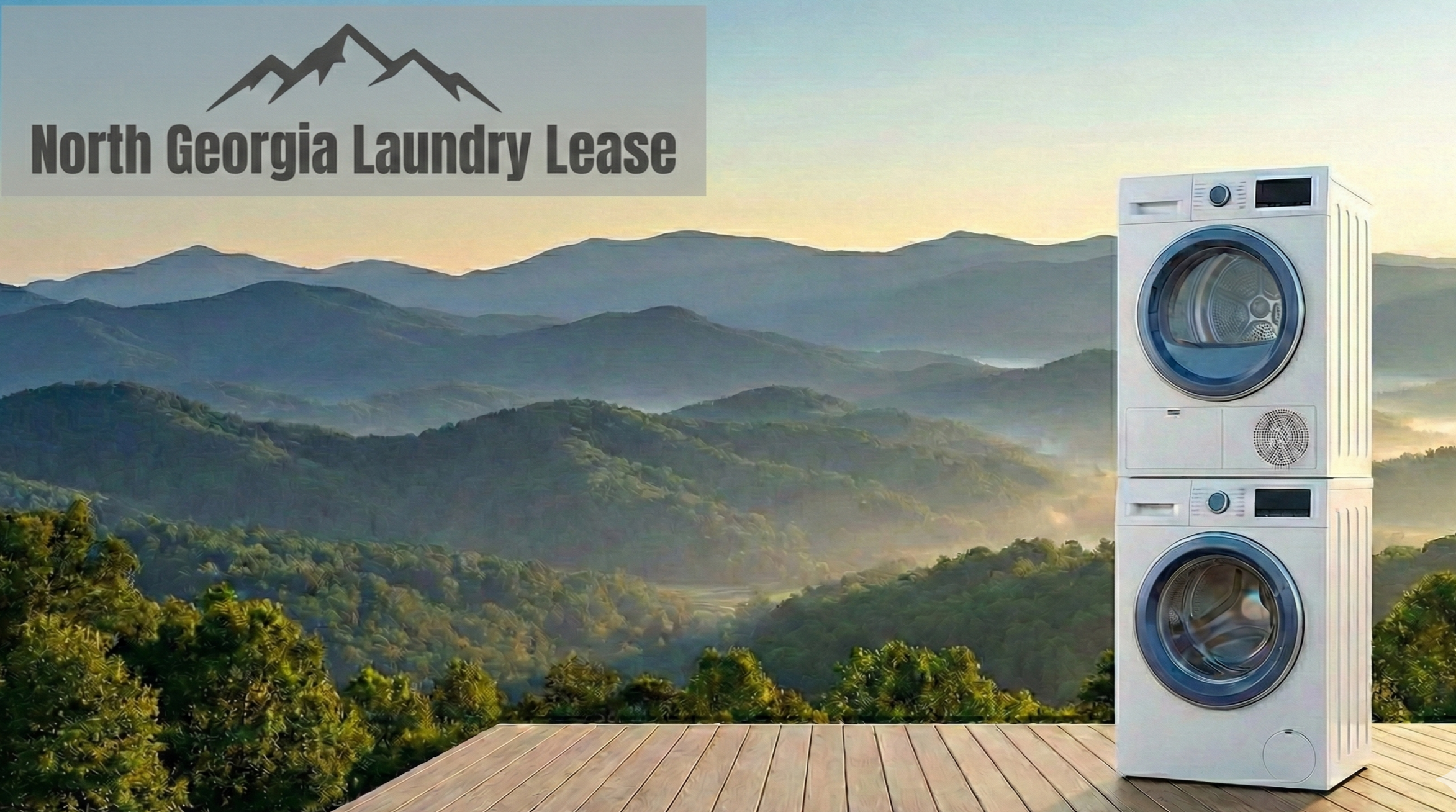 Stacked washer and dryer on a wooden platform with a backdrop of a mountain range during sunrise and a sign that reads "North Georgia Laundry Lease" with a mountain logo.