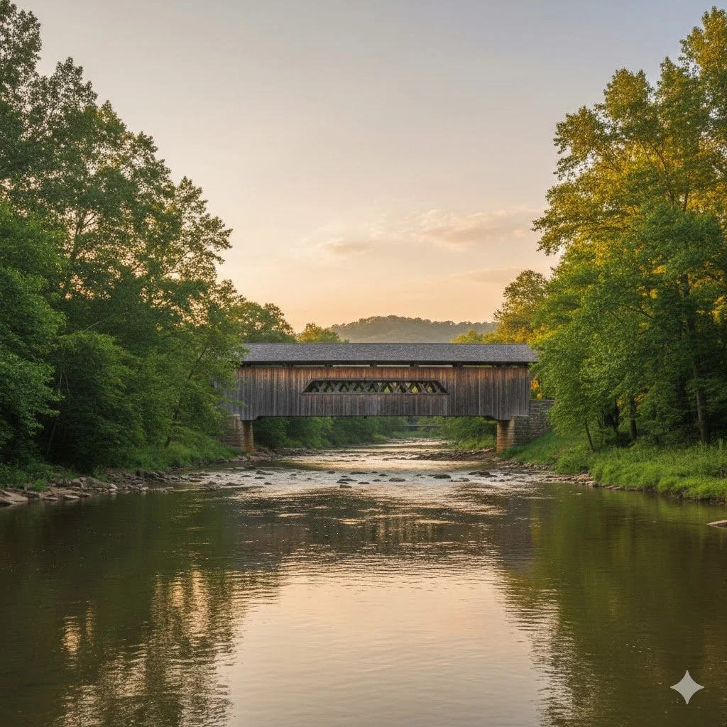 A covered wooden bridge spanning over a calm river, surrounded by lush green trees under a clear sky during sunset.