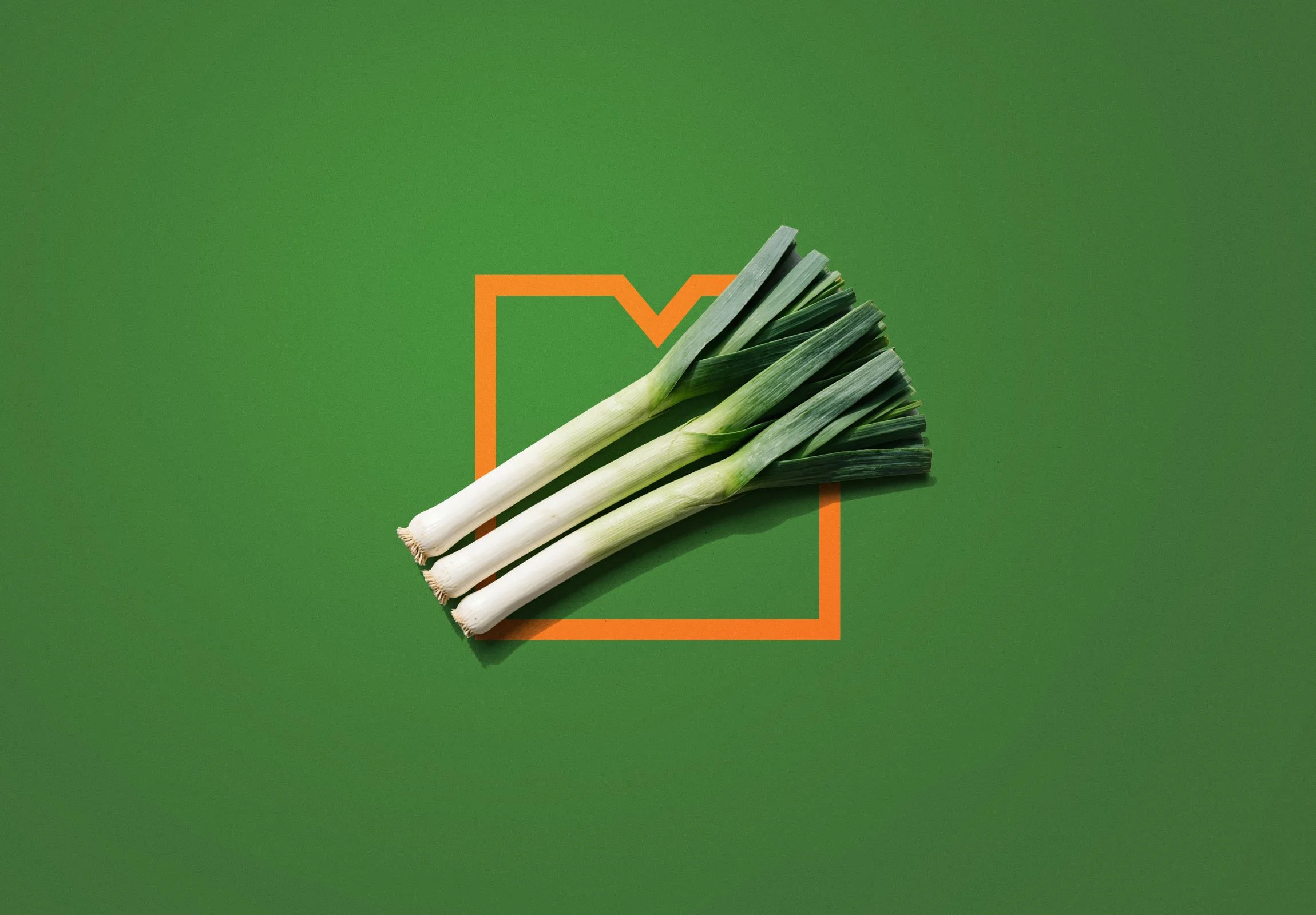 Migros Storytelling - Creating Stages - Zeigt die Migros Marke mit einem Produkte Lauch auf einem grünen Hintergrund