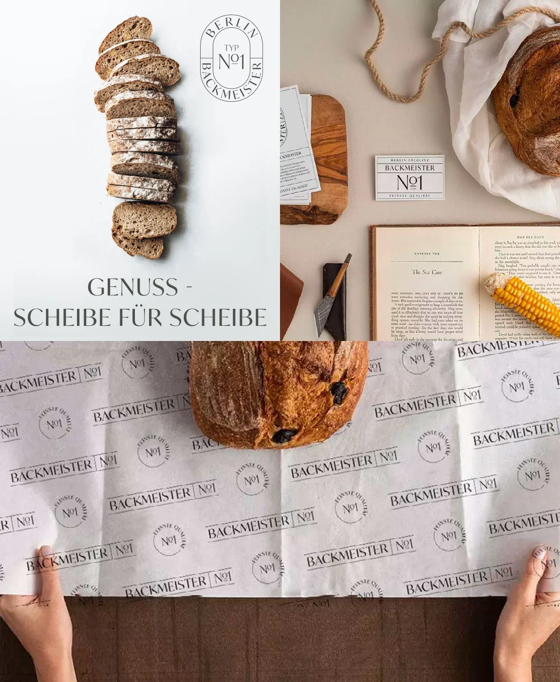 Brand Identity Backmeister - Verschiedene Brotsorten auf einem Tisch, einer offenen Buchseite, eine Backpapierrolle mit dem Logo "Backmeister No1" und eine Hand, die die Papierrolle hält.