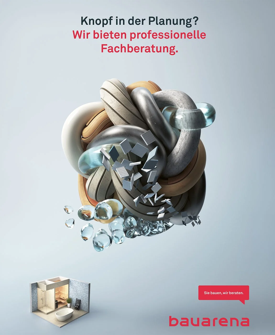 Grafische Darstellung eines abstrakten Montages mit verschiedenen Formen und Materialien, darunter Glas, Holz und Metall, mit einem 3D-Innenarchitekturmodell eines Badezimmers unten links. Oben steht der Text 'Knopf in der Planung? Wir bieten professionelle Fachberatung.'