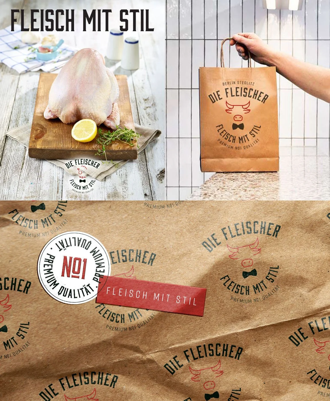 Ein rohes Hähnchen auf einem Holzbrett, flankiert von Zitronenscheiben und frischen Kräutern, auf einem weißen Holztisch. Im Hintergrund Papiertragetasche mit dem Logo "DIE FLEISCHER" und Schriftzug. Der untere Bereich zeigt eine Nahaufnahme des bedruckten Kraftpapiers mit denselben Logos und Texten.