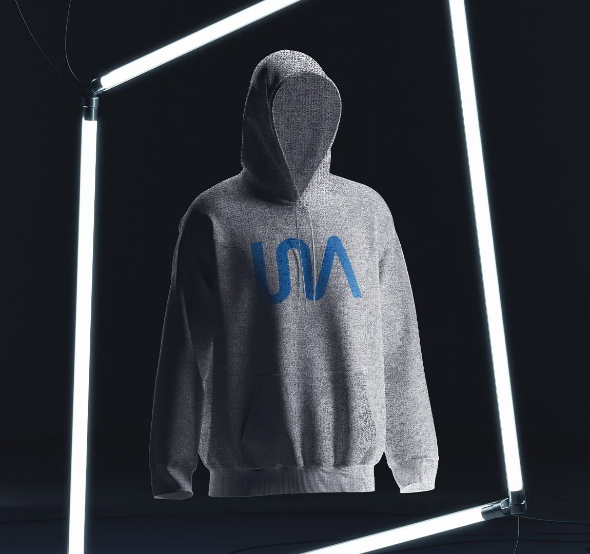 WALAIR Brand Design - Grauer Hoodie mit Walair-Logo, leuchtet in einem schwarzen Raum, umrahmt von weißen Neonleuchten.