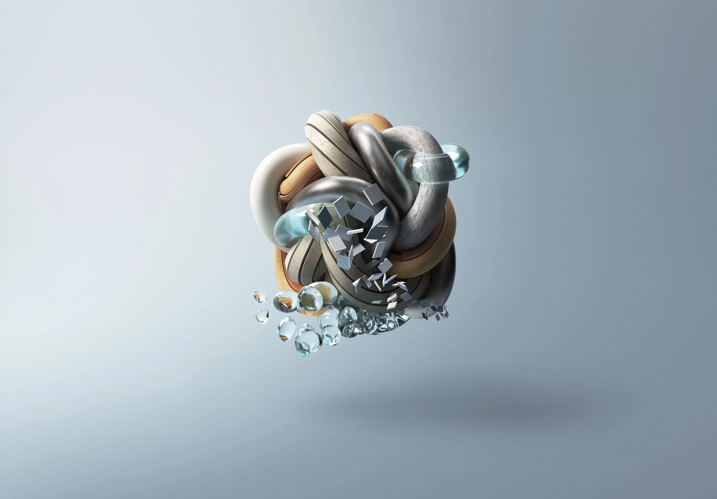 Bauarena Knopf, Abstraktes 3D-Design mit bunten Formen und Wassertröpfchen vor grauem Hintergrund.