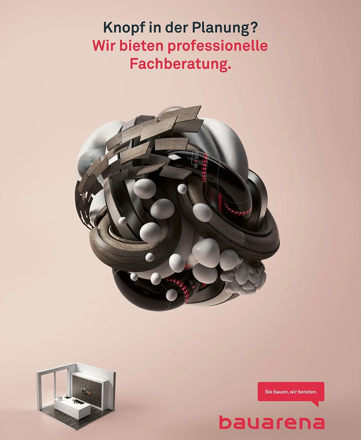 Grafik mit komplexen 3D-Formen und weißen Kugeln auf hellbeigem Hintergrund, mit Text in deutscher Sprache, der auf professionelle Fachberatung bei Planung und Bau hinweist, inklusive Bausatz-Haus-Raum und Bauarena-Logo.