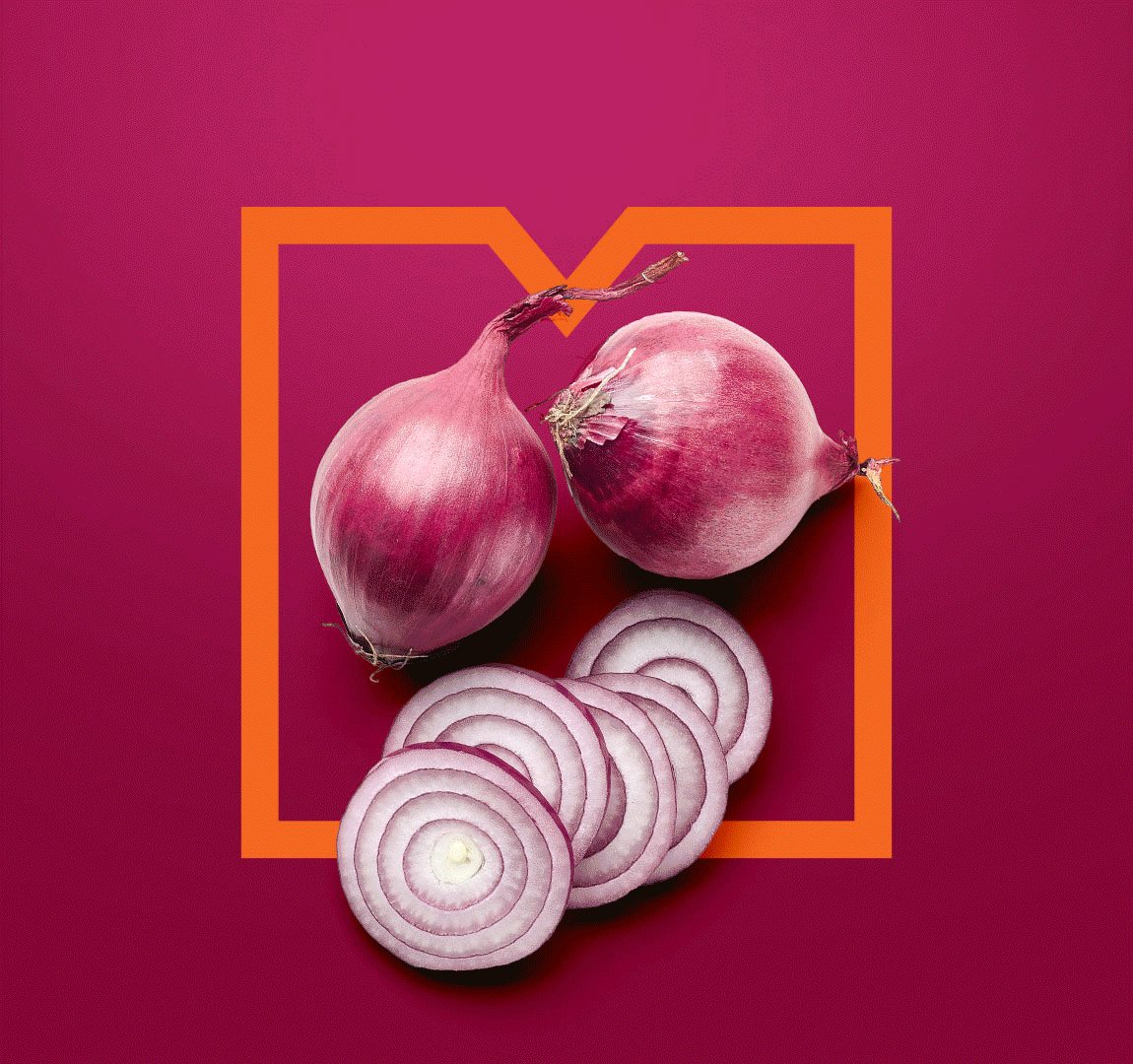 Migros Storytelling - Creating Stages - Zwei ganze rote Zwiebeln und mehrere ringsherum geschnittene Zwiebelscheiben vor einem pinken Hintergrund mit einer orangefarbenen Rahmenlinie im Hintergrund.