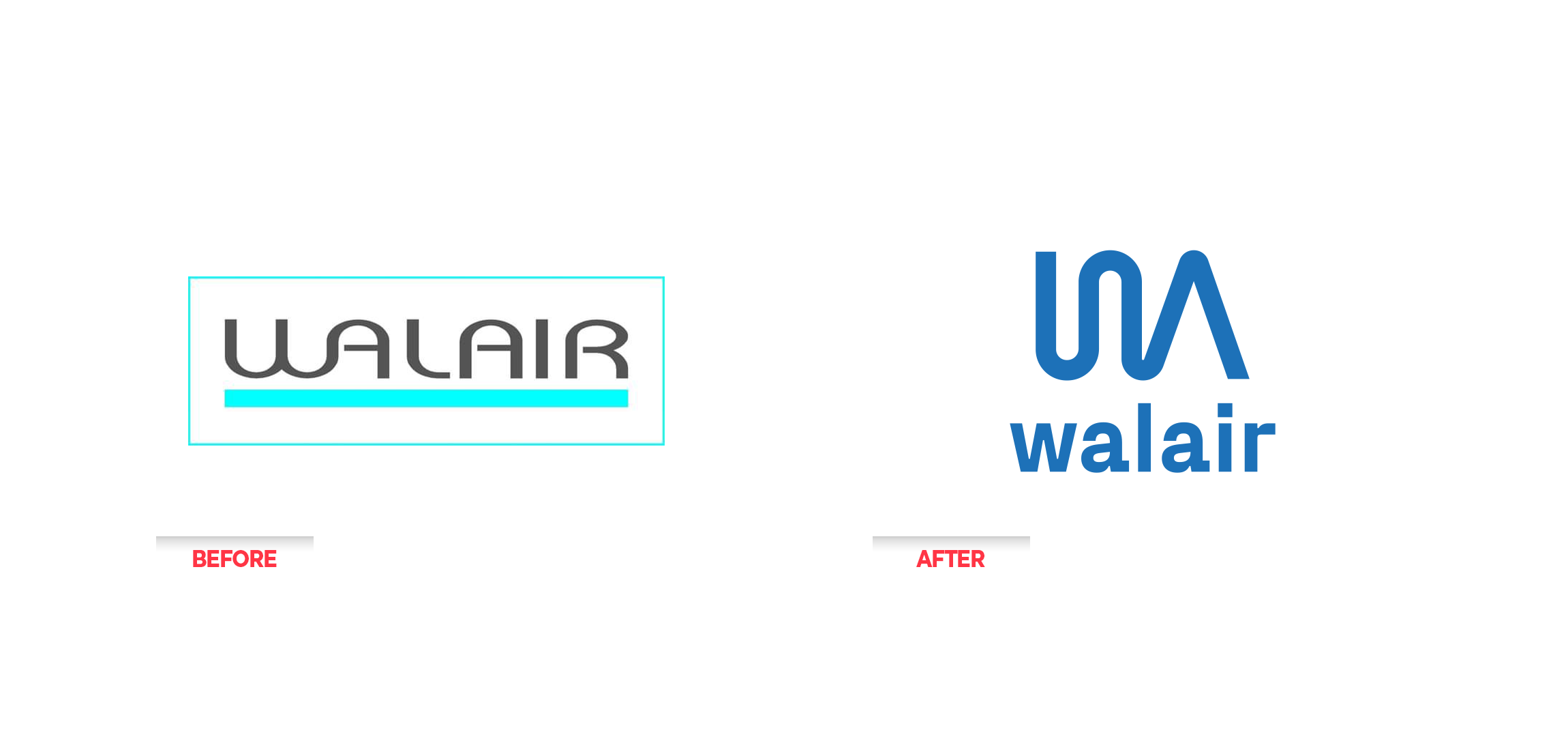 WALAIR Brand Design - Vorheriges Logo mit grauem Text und blauer Linie, neues Logo mit blauer Schrift und stilisiertem blauen Symbol, beide mit Labels 'BEFORE' und 'AFTER'.