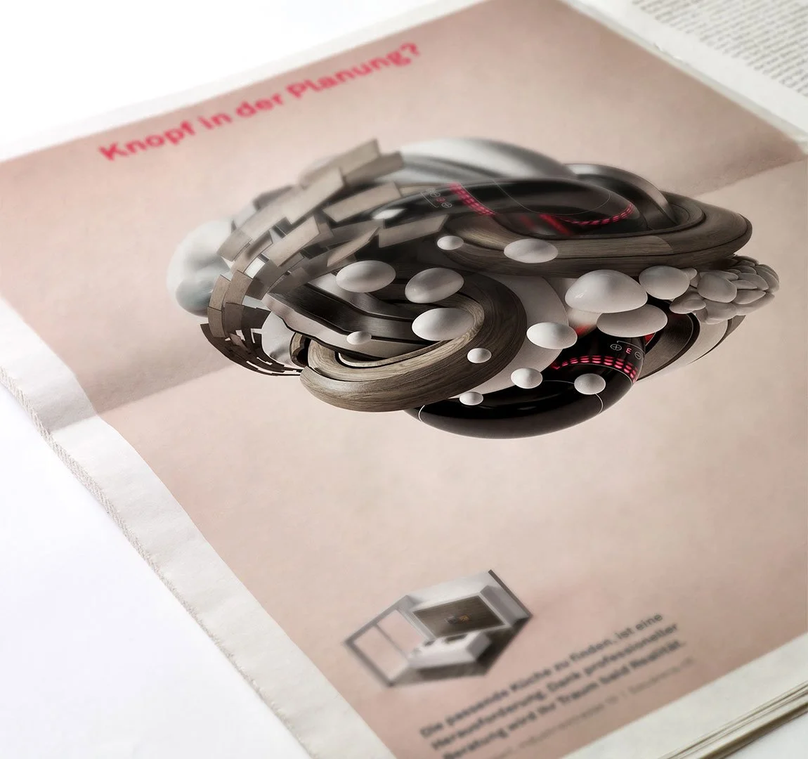 Bauarena, Eine Seite in einem Zeitung zeigt die Imagekampagne und es gibt deutschen Text, der mit 'Kopf in der Planung?' beginnt.