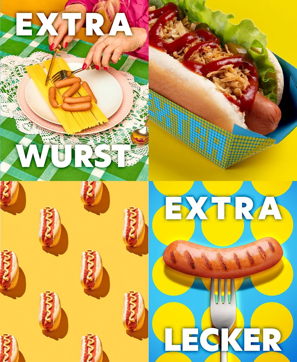 Collage mit vier quadranten, die verschiedene Fast-Food-Artikel zeigen: oben links ein Teller mit Mini-Würstchen und Pasta, oben rechts ein Hotdog mit Sauerkraut und Ketchup, unten links mehrere Hotdogs auf gelbem Hintergrund, unten rechts eine Grillwurst auf Gabel mit buntem Hintergrund und Text 'EXTRA LECKER'.