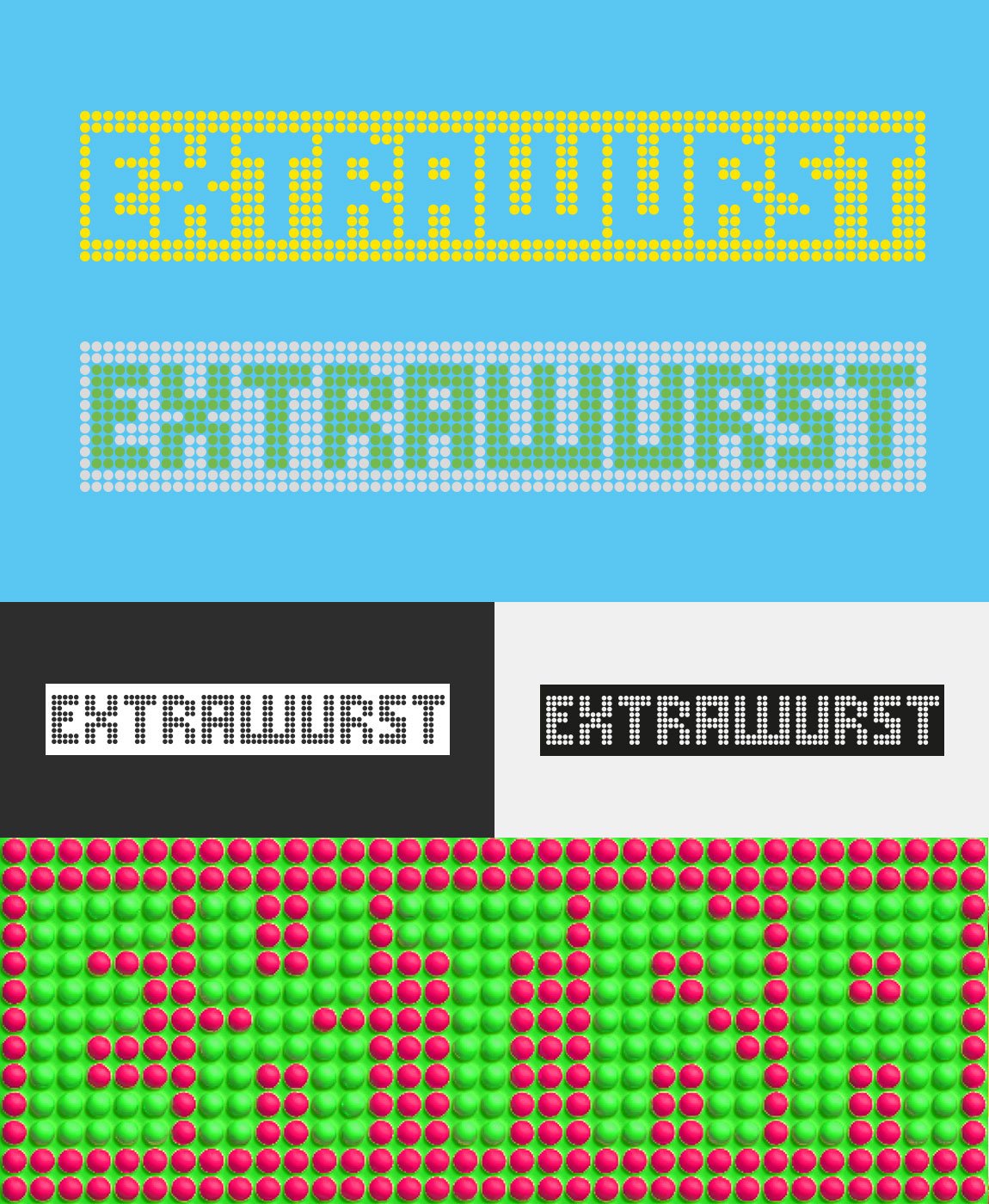Logo EXTRAWURST - Das Bild zeigt bunte Text-Designs mit den Worten 'EXTRAWURST' und 'EXTRA' in verschiedenen Stilen und Farben, inklusive Pünktchen-Muster und digitalen Schriftarten.