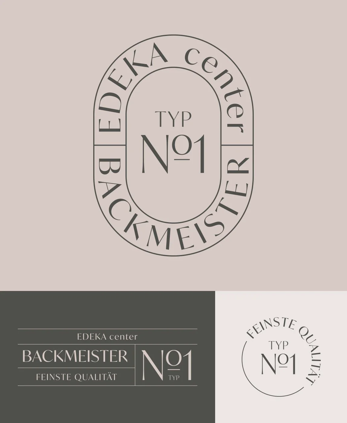 Logo Backmeister, Grafische Gestaltung mit Texten über Backwaren, darunter 'Backmeister', 'Feinste Qualität' und 'Typ N1', sowie kreisförmige Logos.