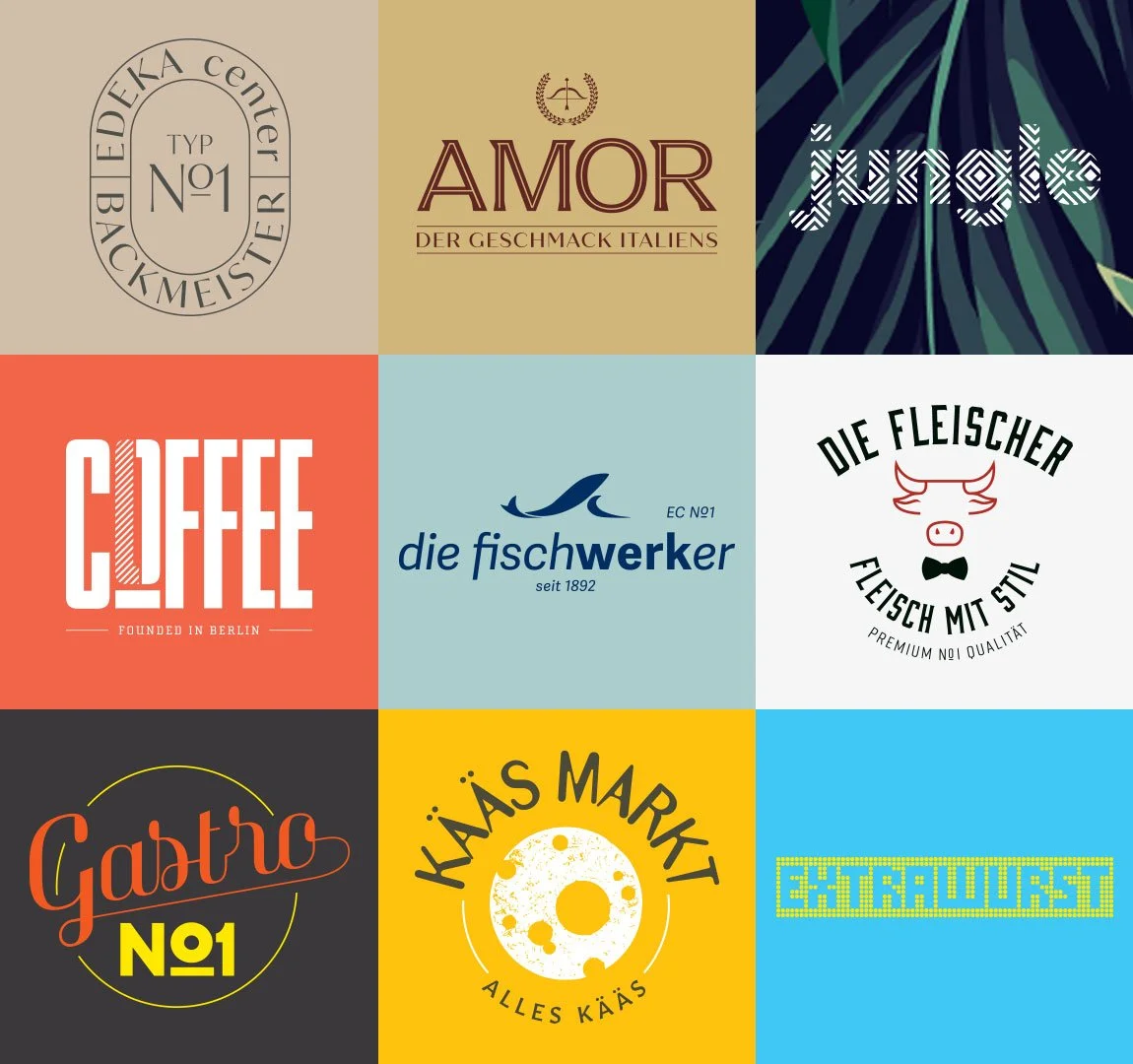 Neu gestaltete Verpackungen für verschiedene Produkte wie Kaffee, Fisch, Fleisch, Käse und spezielle Marken mit bunten und auffälligen Designs.