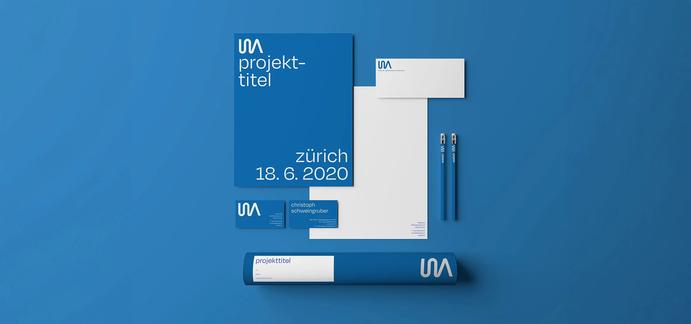 WALAIR Brand Design -Beispiel für ein Corporate Design für Briefbögen, Visitenkarten, Kugelschreibern und einem Rollbanner in blauer und weißer Farbgestaltung.
