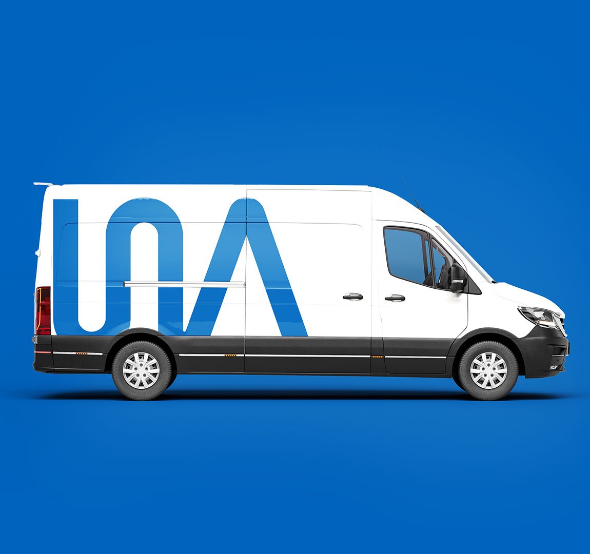 WALAIR Brand Design - Weiße Lieferwagen mit einem großen blauen Logo auf einem blauen Hintergrund.