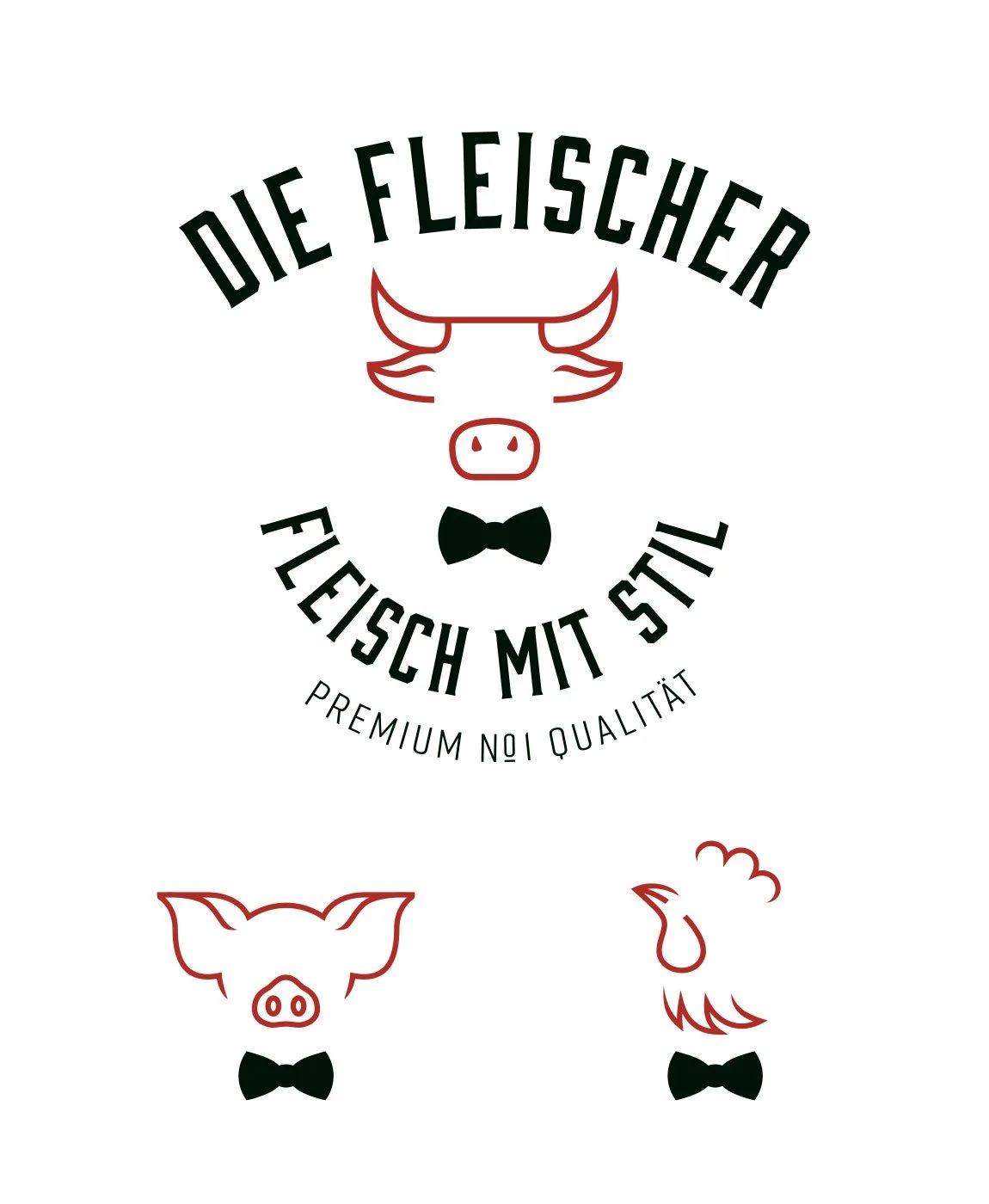 Grafik mit einem Schwein, Hahn und Eber, alle mit Fliege, und Text ‚Die Fleischer fleisch mit Stil‘ sowie ‚Premium No1 Qualität‘.