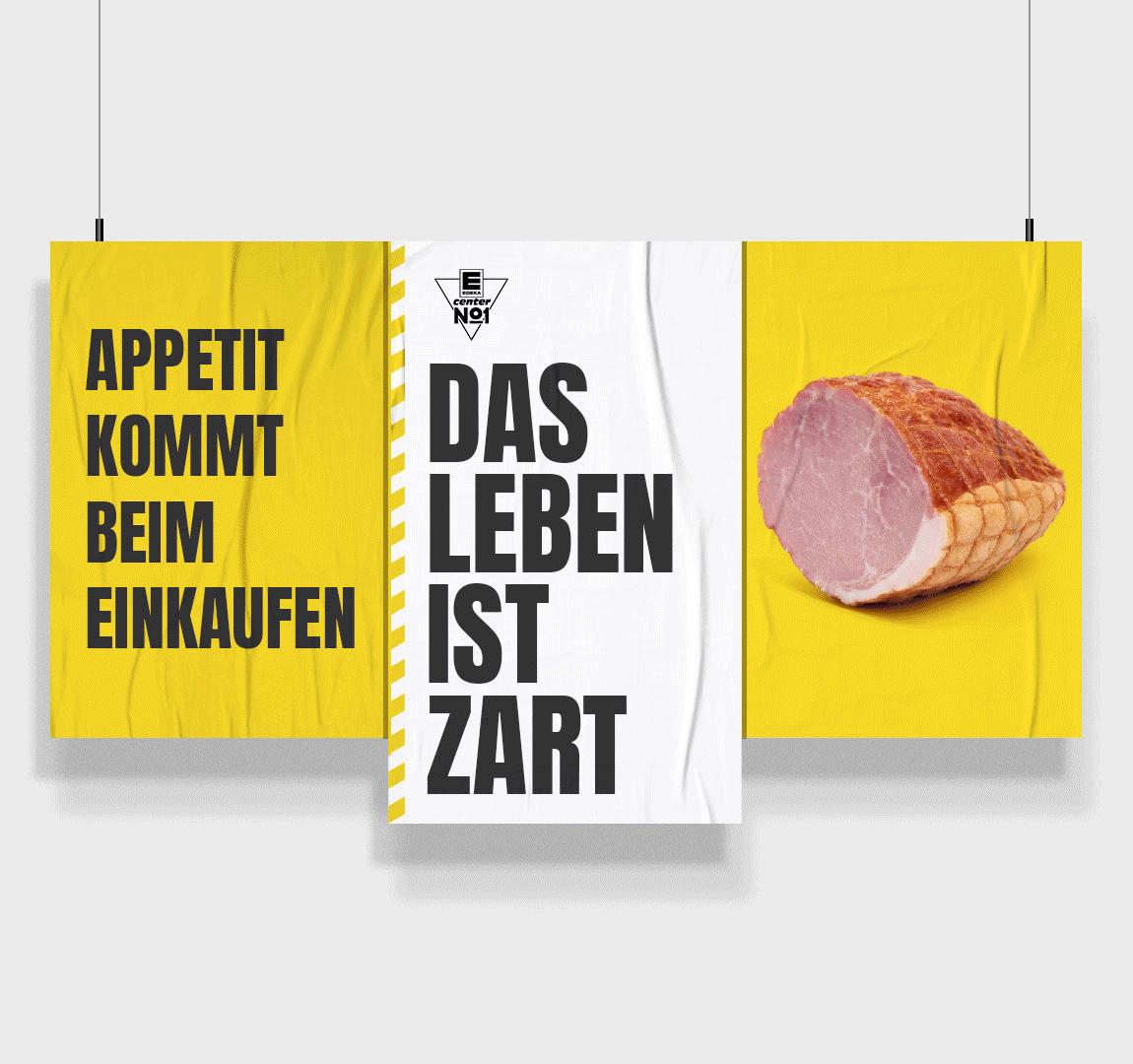 EDEKA No1 - Storytelling Werbeplakat mit einem Stück Schinken auf gelbem Hintergrund, Text in deutscher Sprache.
