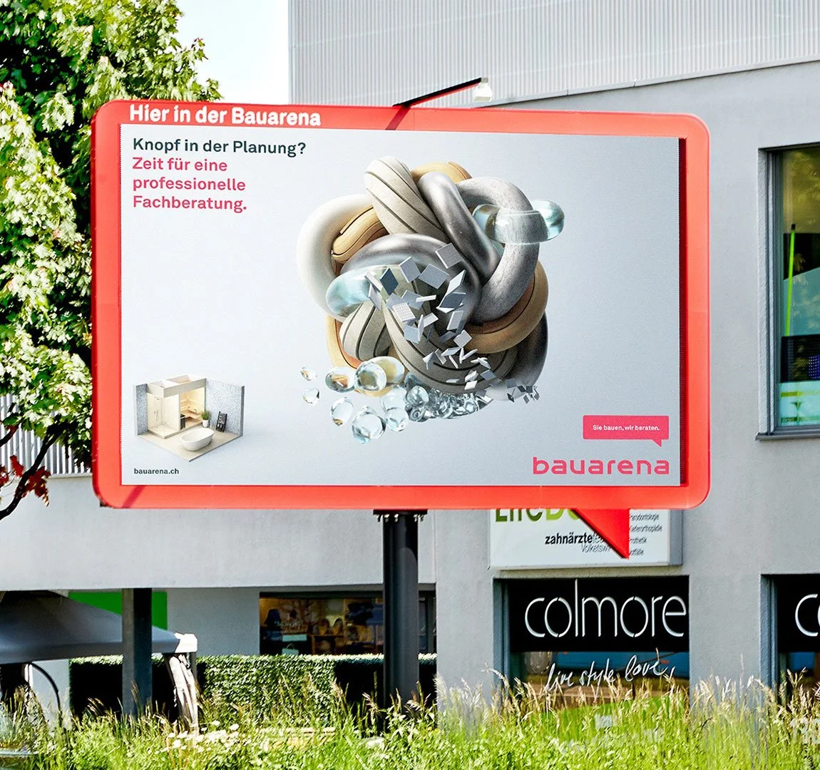Bauarena, Werbung für Bauarena mit abstraktem 3D Design aus organisch wirkenden Formen und Metallic-Texturen, Firmenlogo und Slogan.