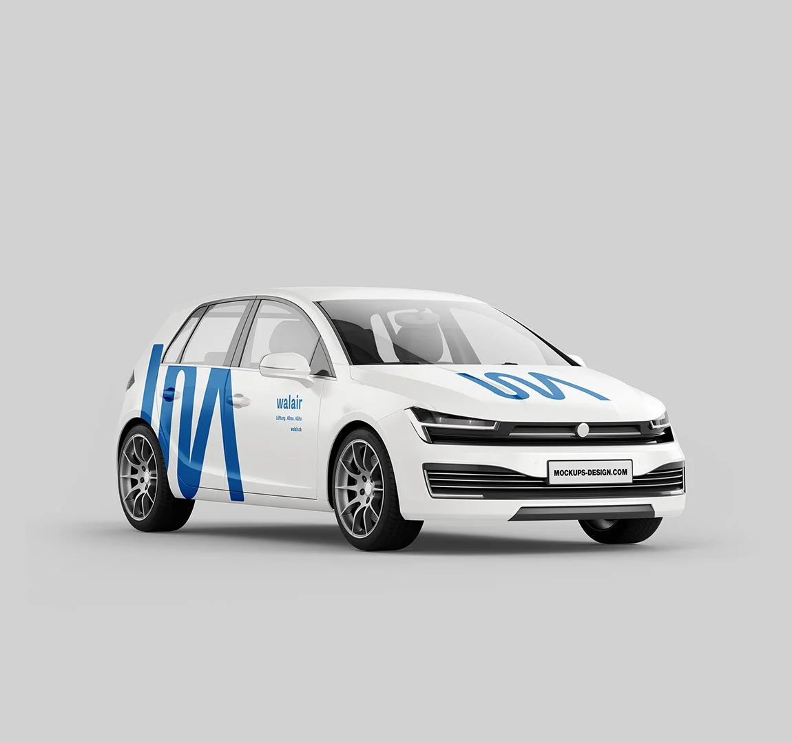 WALAIR Brand Design - Weißes Auto mit blauer Aufschrift und Logo, seitlich und auf der Motorhaube, auf grau gemustertem Hintergrund.