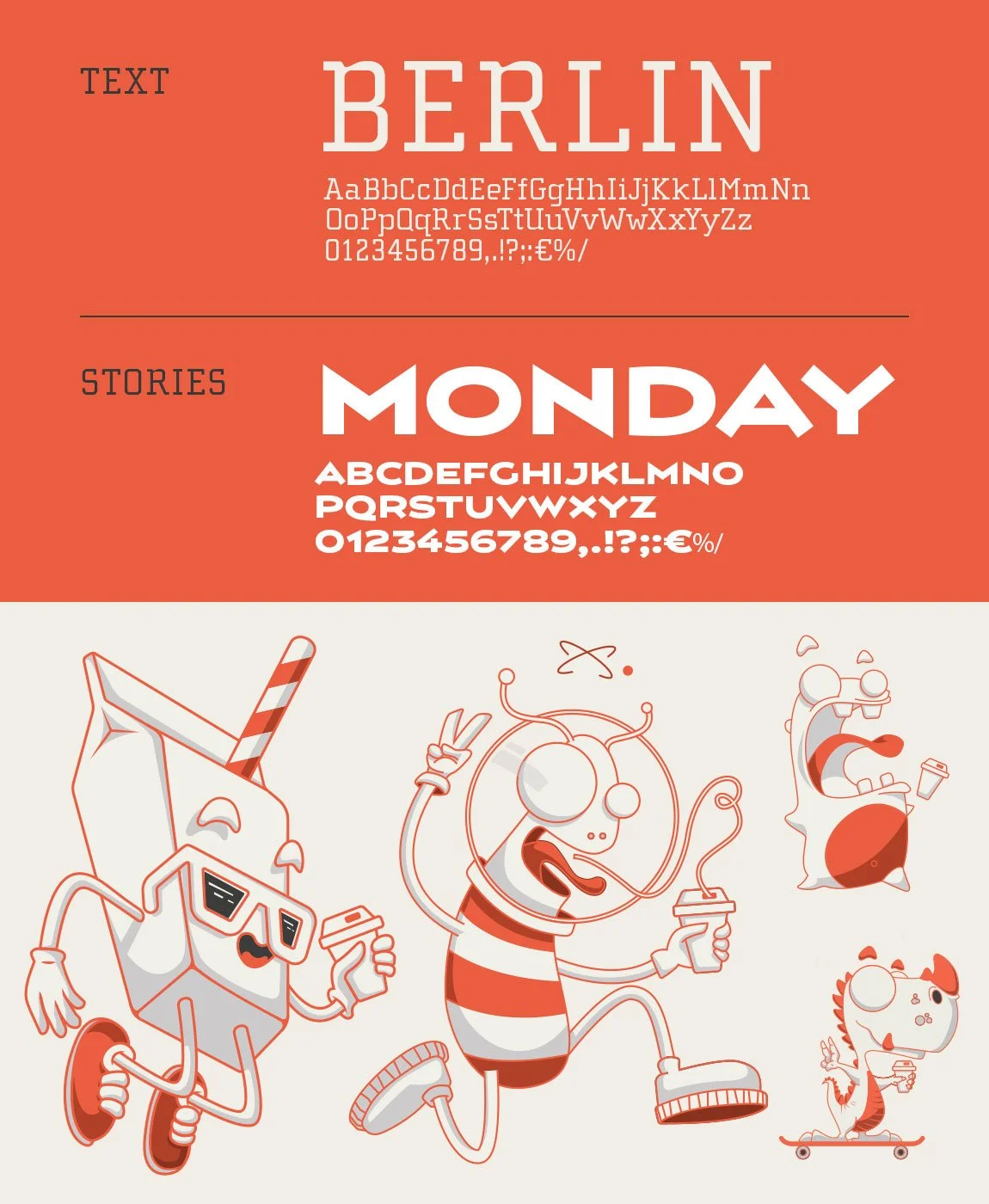 Grafische Gestaltung einer Schriftprobe mit dem Titel "Berlin", darunter der Text "Stories Monday" und eine Reihe von digitalen, cartoonartigen Figuren, die Getränke konsumieren und Skateboard fahren.