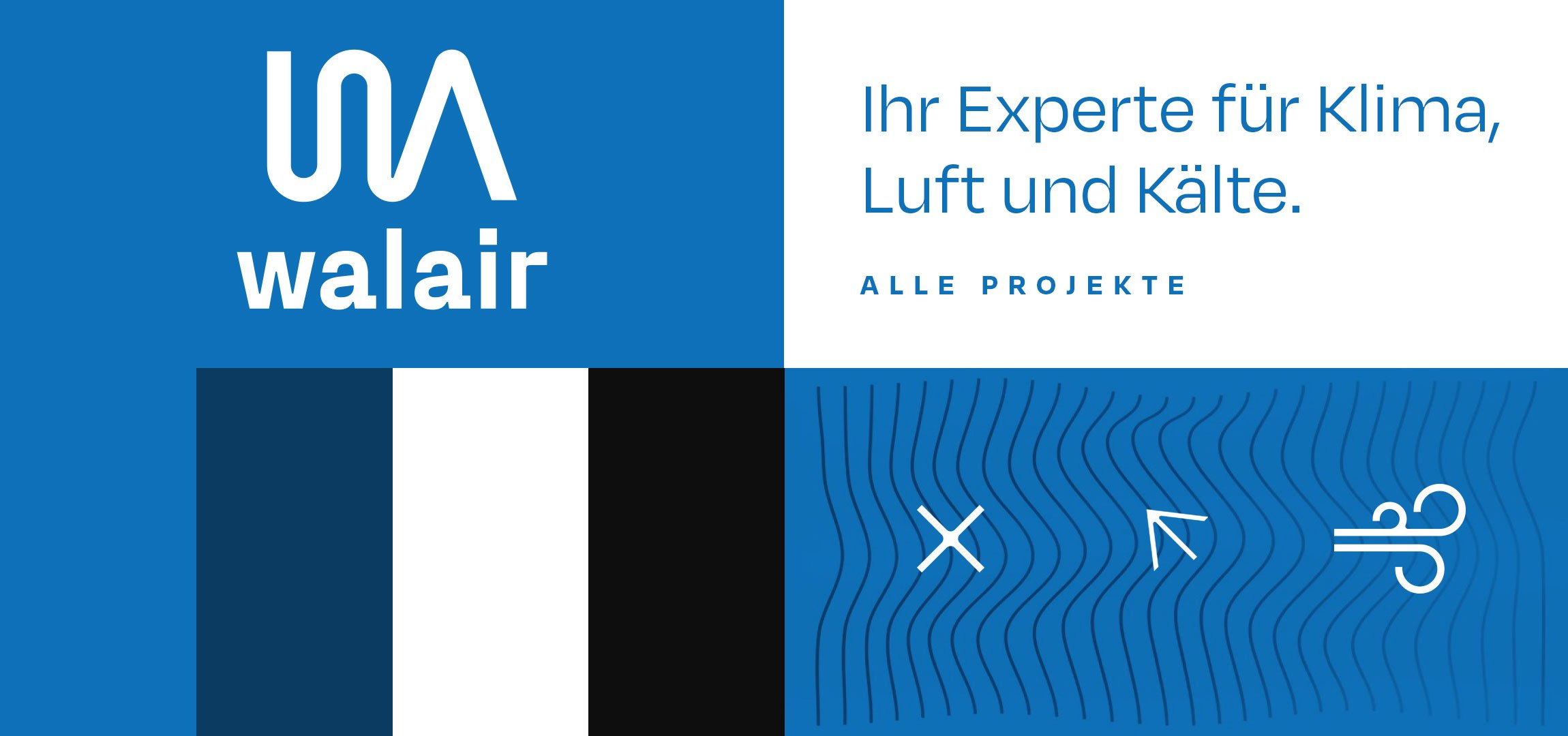 WALAIR Brand Design - Grafik mit blauer und weißer Farbgestaltung, Logo des Unternehmens Walair, Text: 'Ihr Experte für Klima, Luft und Kälte. Alle Projekte' und Skizzen von technischen Symbolen.
