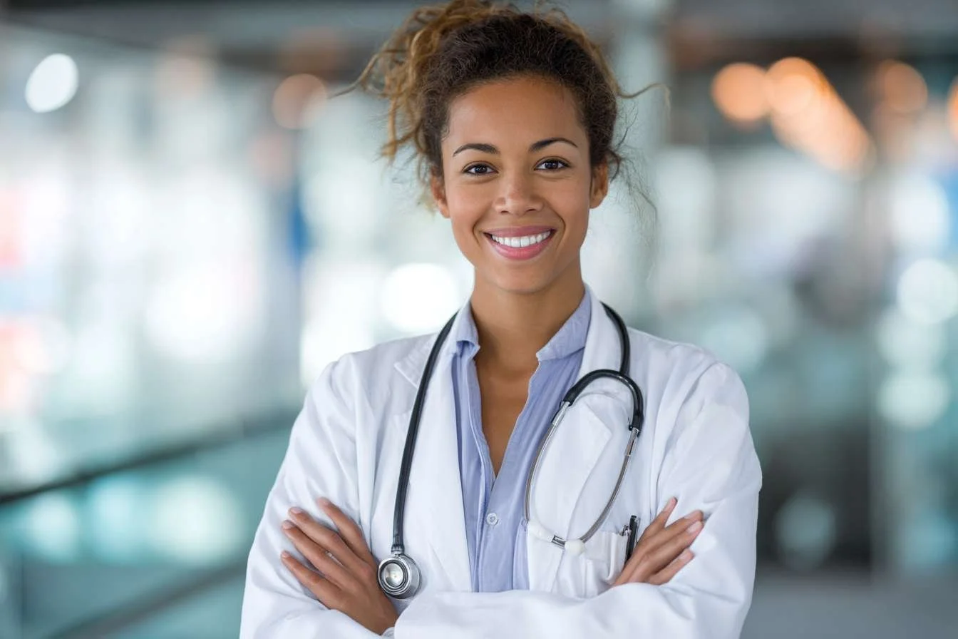 A smiling female healthcare professional with a stethoscope around her neck, wearing a white medical coat, standing confidently in a modern hospital or clinic setting.