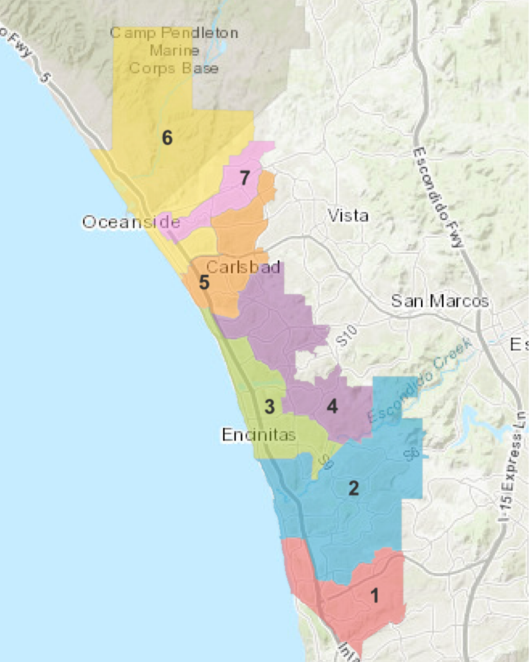 MiraCosta Community College District map with Trustee areas