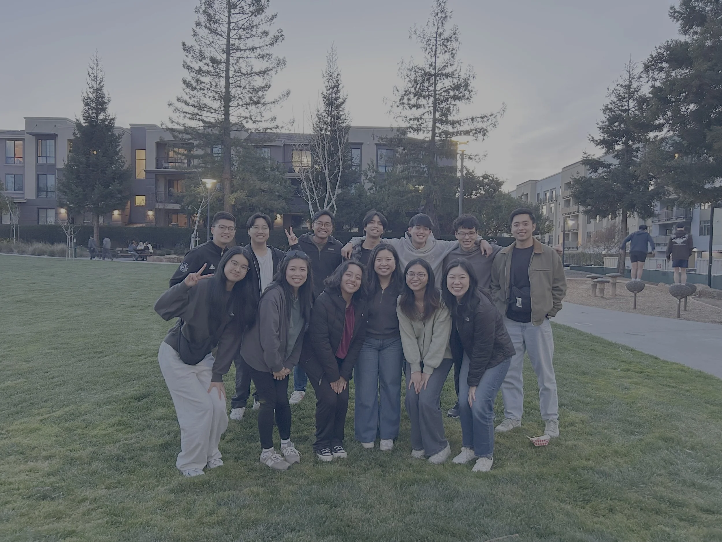 A group of 13 young adults smiling and posing in a park with green grass, trees, and apartment buildings in the background during early evening.
