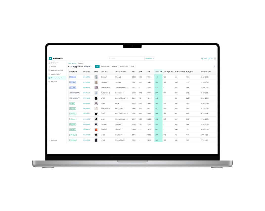 Laptop screen displaying a project management software with a table of stock items, quantities, and dates in a production schedule.