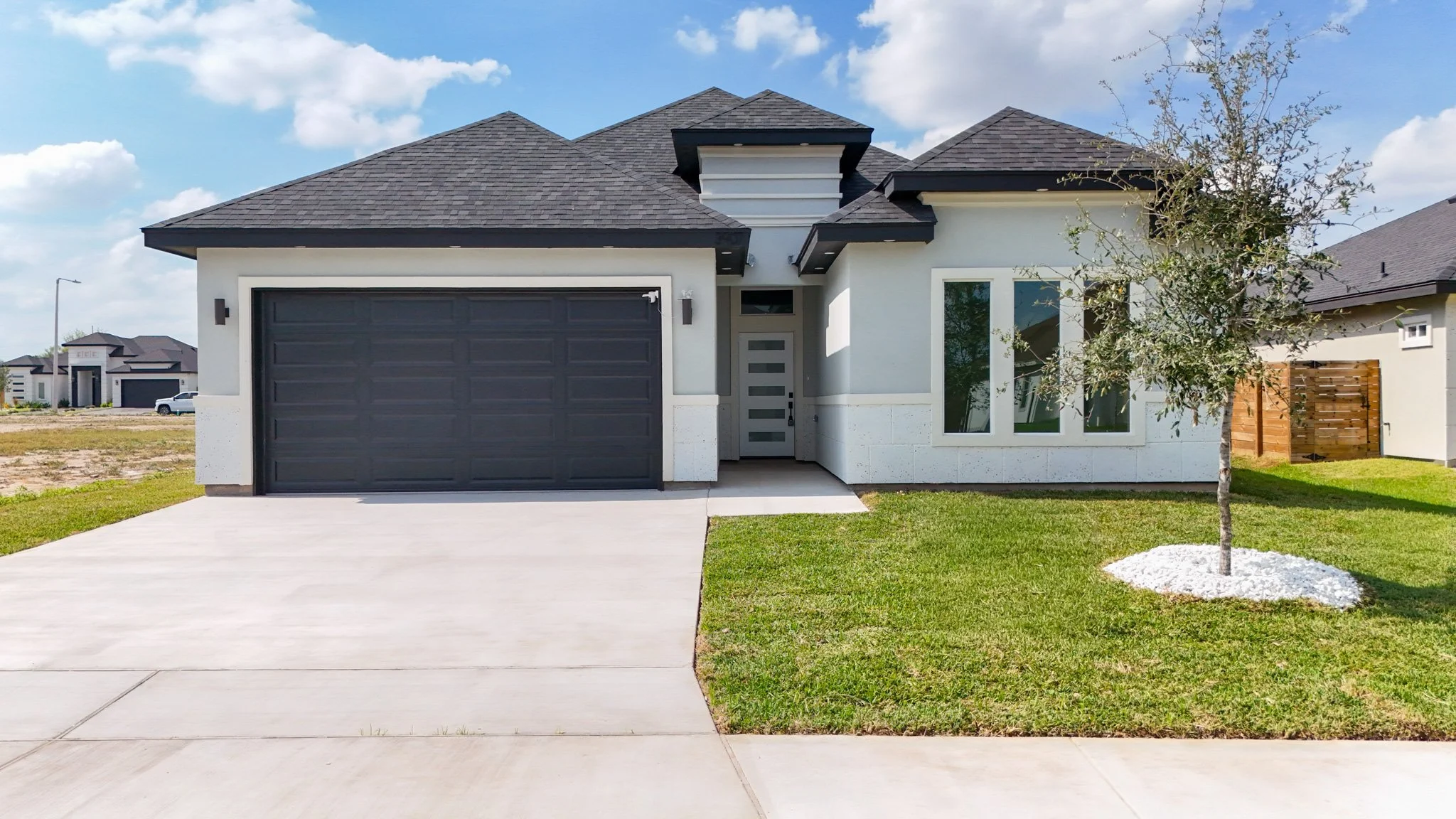 Casa moderna de una planta con cochera doble, puerta de entrada y ventanas grandes, en un vecindario nuevo con césped y árbol en el jardín delantero.