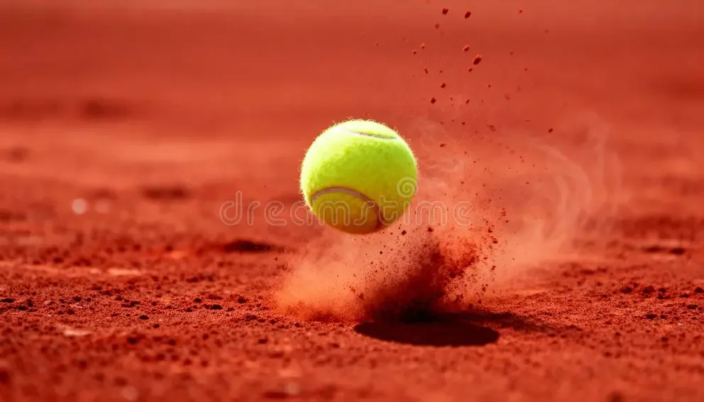 A close-up of a yellow-green tennis ball hitting reddish clay court, creating a cloud of dust.