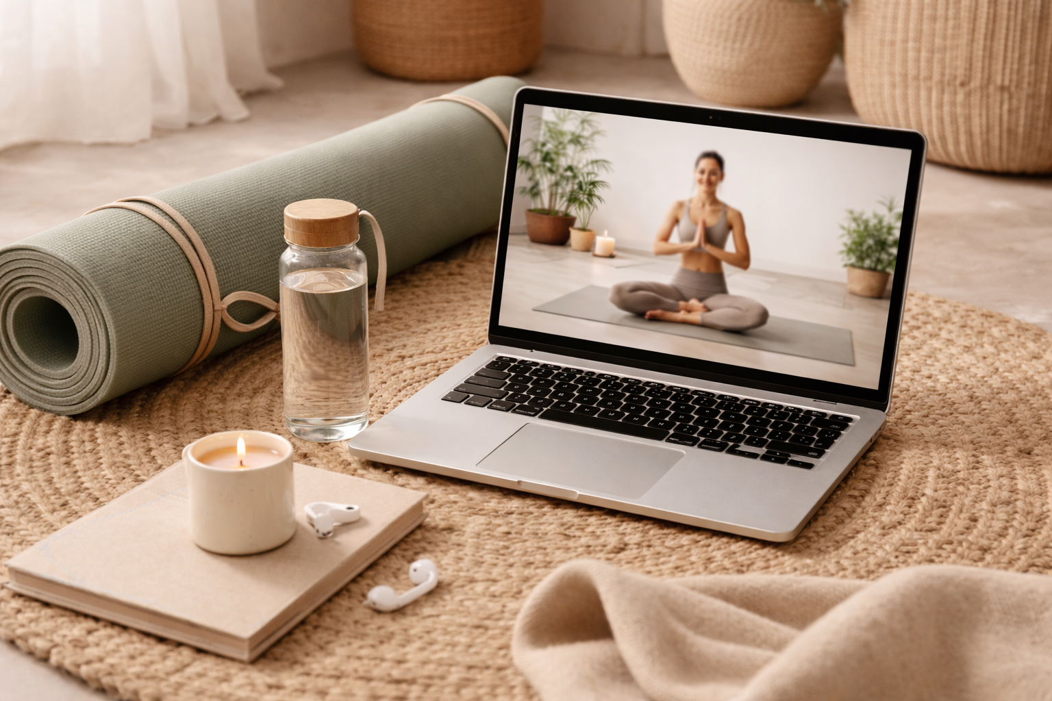 Relaxing indoor yoga setup with laptop.png