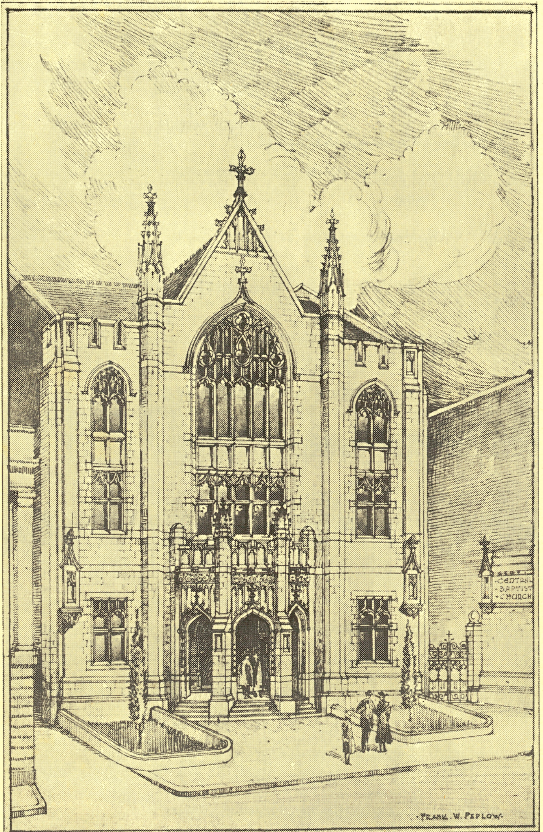 Architectural drawing of the front of the Central Baptist Church building.
