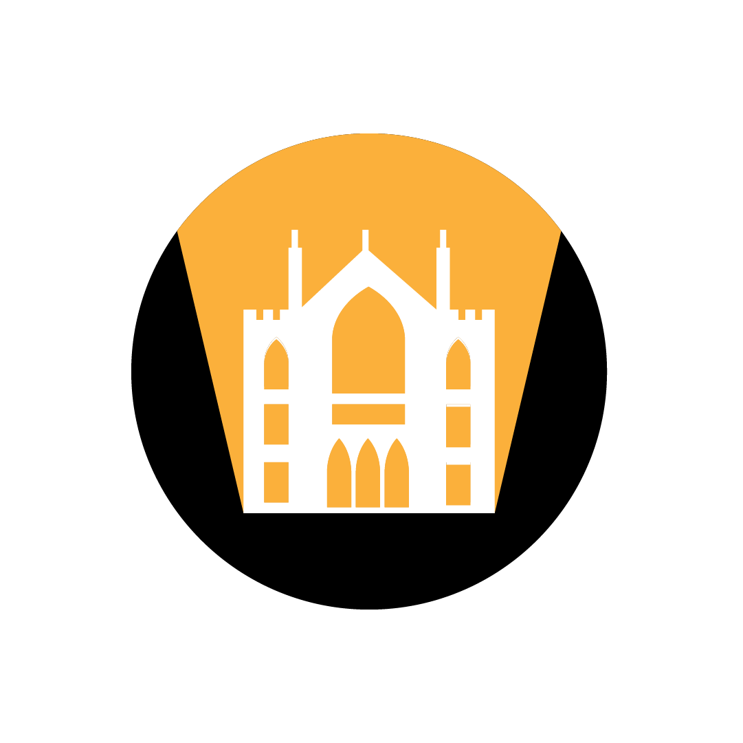 A silhouette of the Central Baptist Church building with light emanating from it.