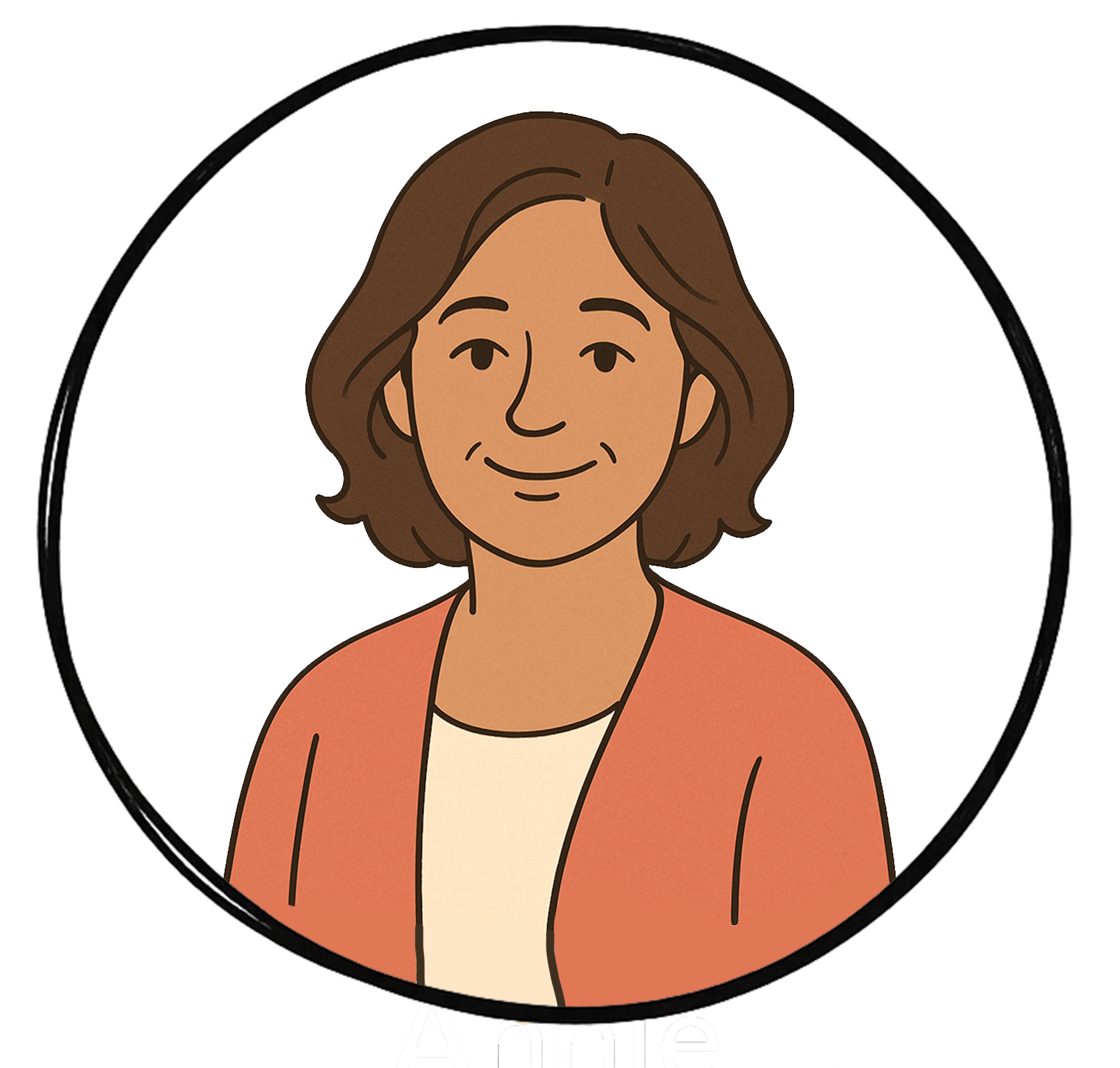 A digital illustration of a woman with shoulder-length brown hair, wearing a peach-colored blazer over a white top, smiling with a neutral background.