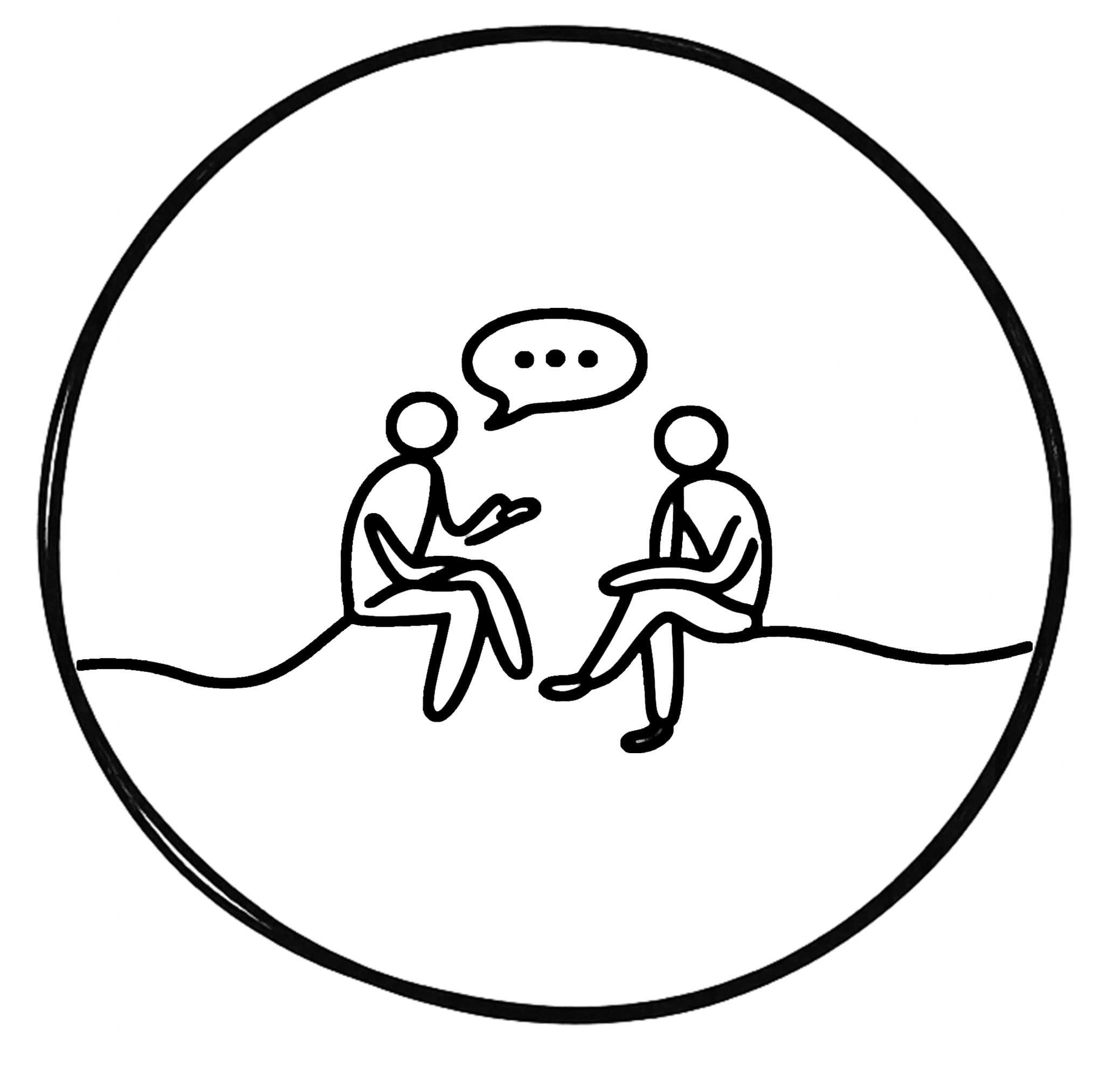 Silhouette of two people sitting and talking in a room with a computer monitor.