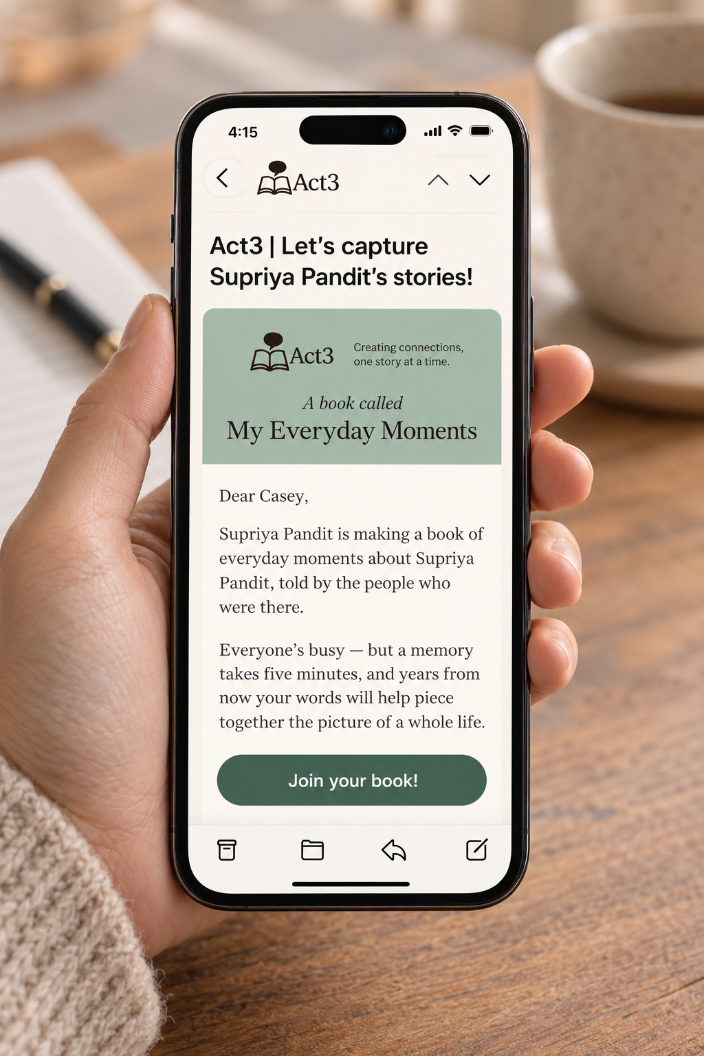 Close-up of a hand holding a smartphone displaying an app called Act3, which helps capture and preserve stories from Maya, with a 'Get Started' button visible.