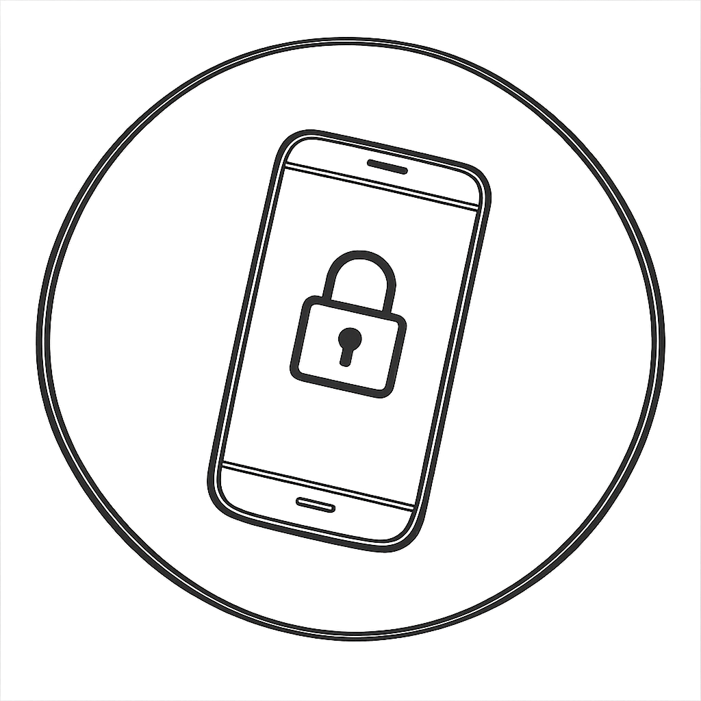 Line drawing of a smartphone with a lock symbol on its screen, enclosed in a circle, on a black background.