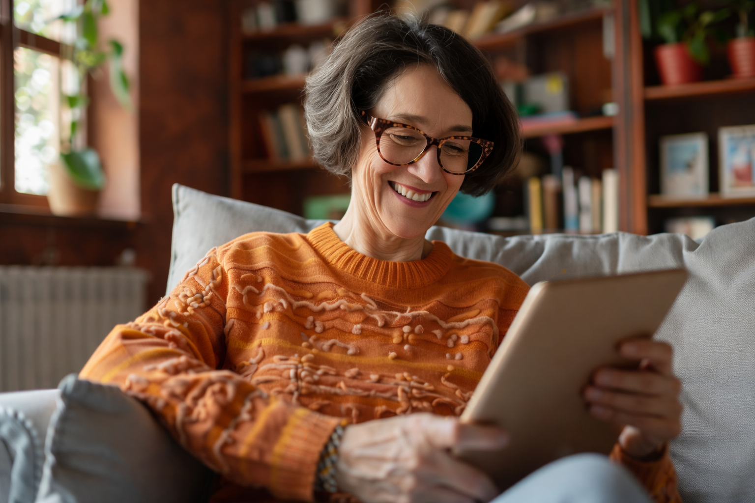 A woman with gray hair, glasses, and an orange sweater sitting on a sofa, smiling while looking at a tablet in her hands in a cozy room with bookshelves and green plants in the background.